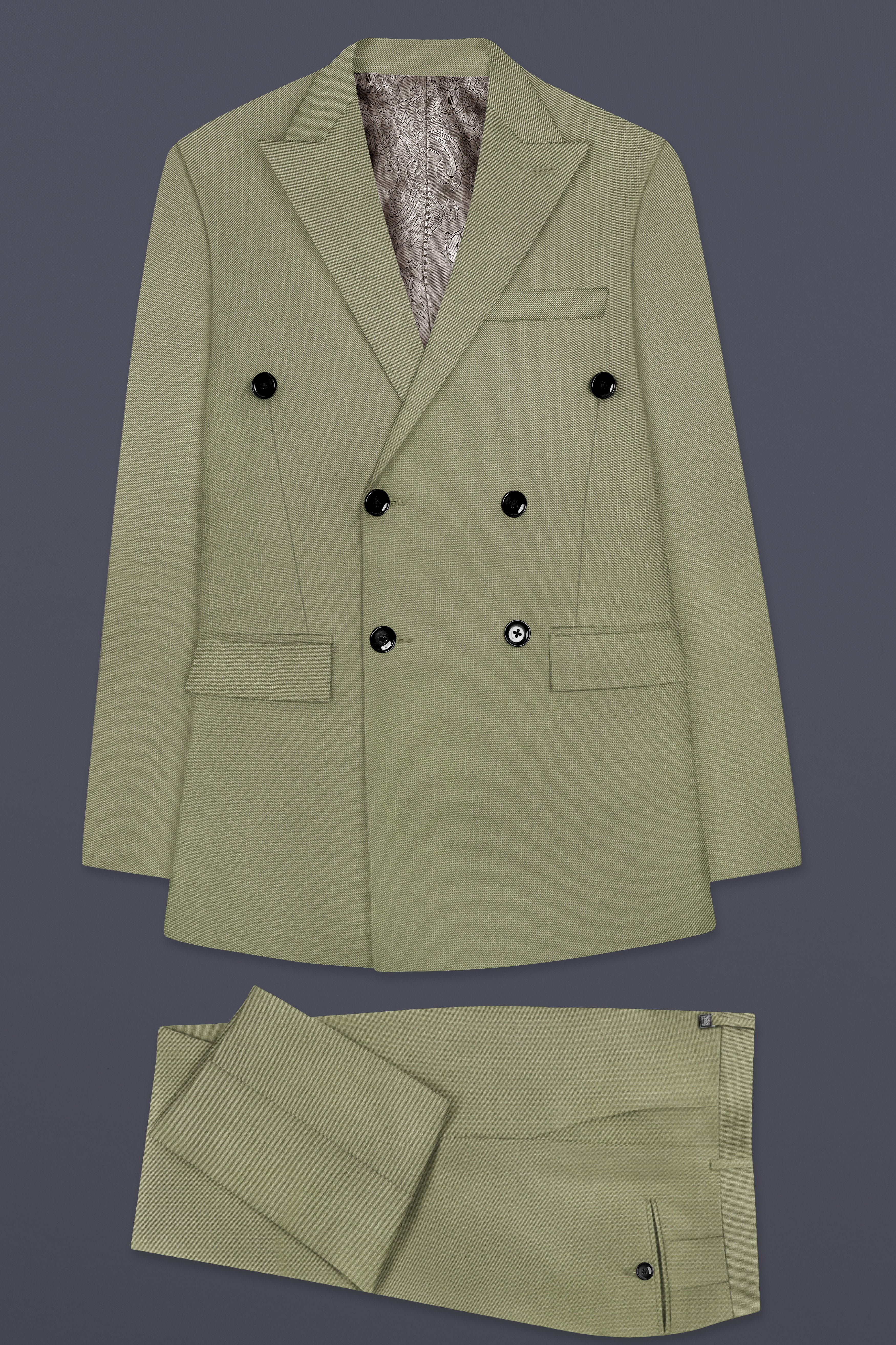 Citron-Lemon Grass Green Solid Wool Rich Double Breasted Slight Stretch Suit