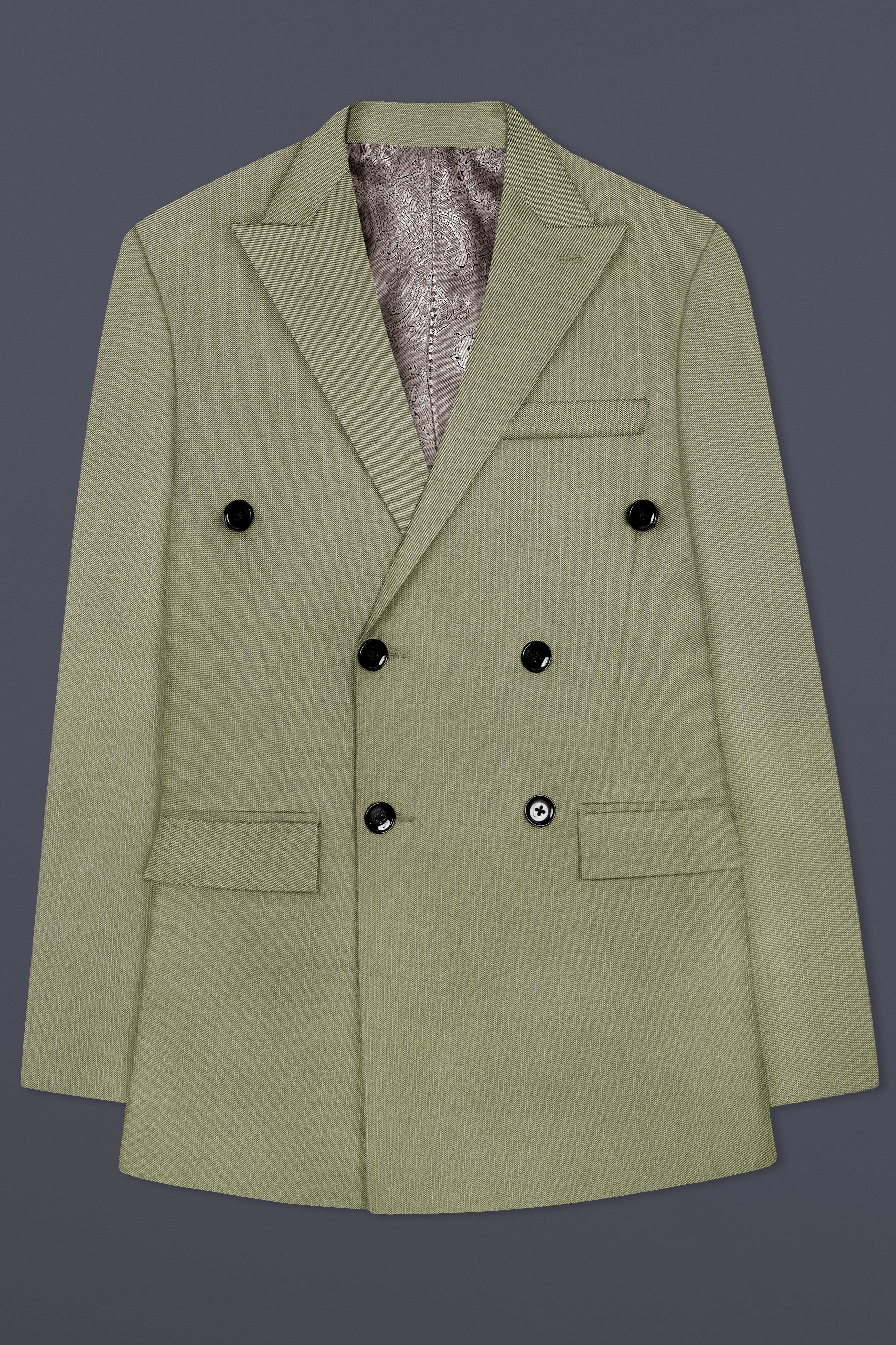 Citron-Lemon Grass Green Solid Wool Rich Double Breasted Slight Stretch Suit