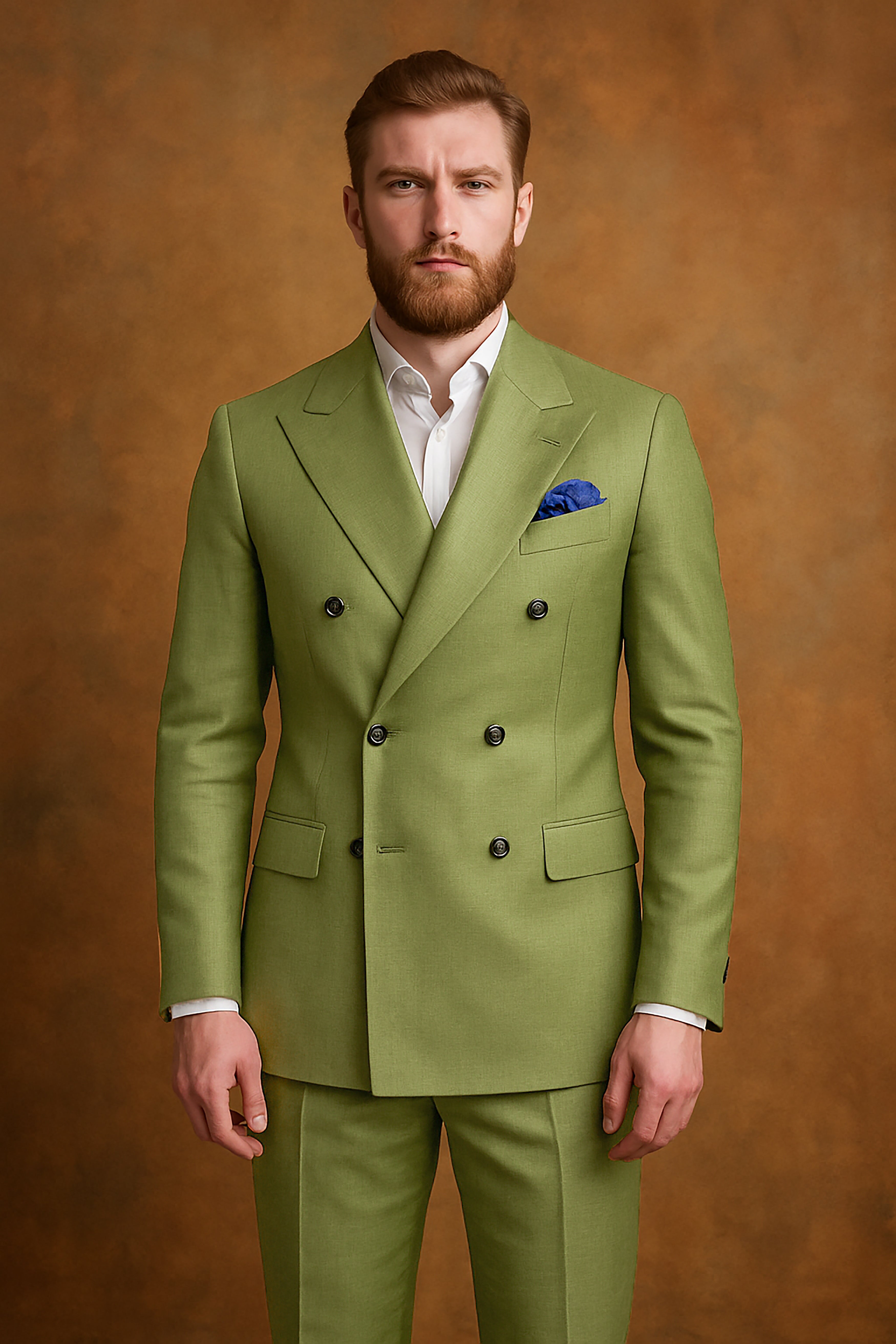 Glade-Muddy Green Solid Wool Rich Double Breasted Slight Stretch Suit