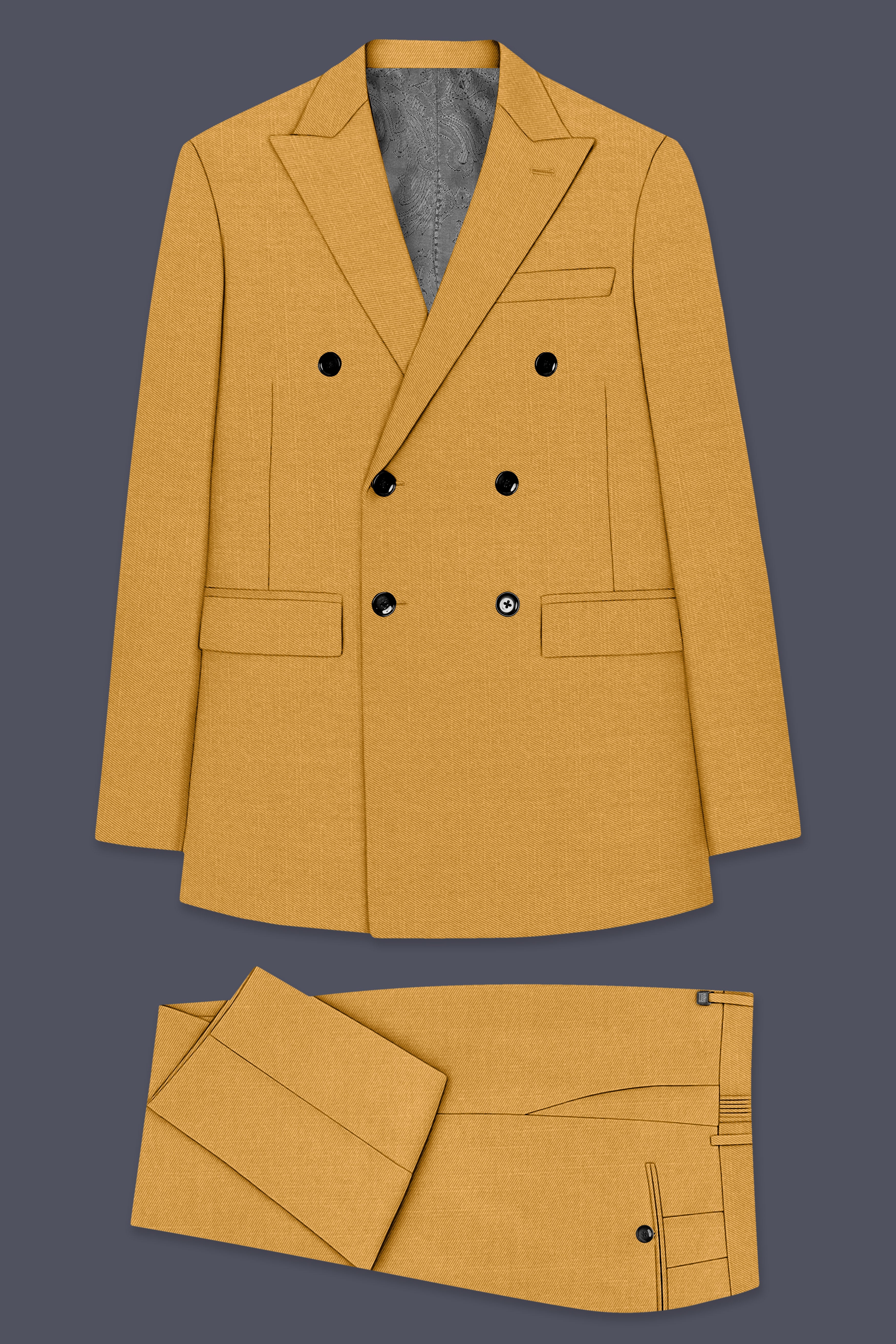 Saffron-Harvest Yellow Solid Wool Rich Double Breasted Slight Stretch Suit