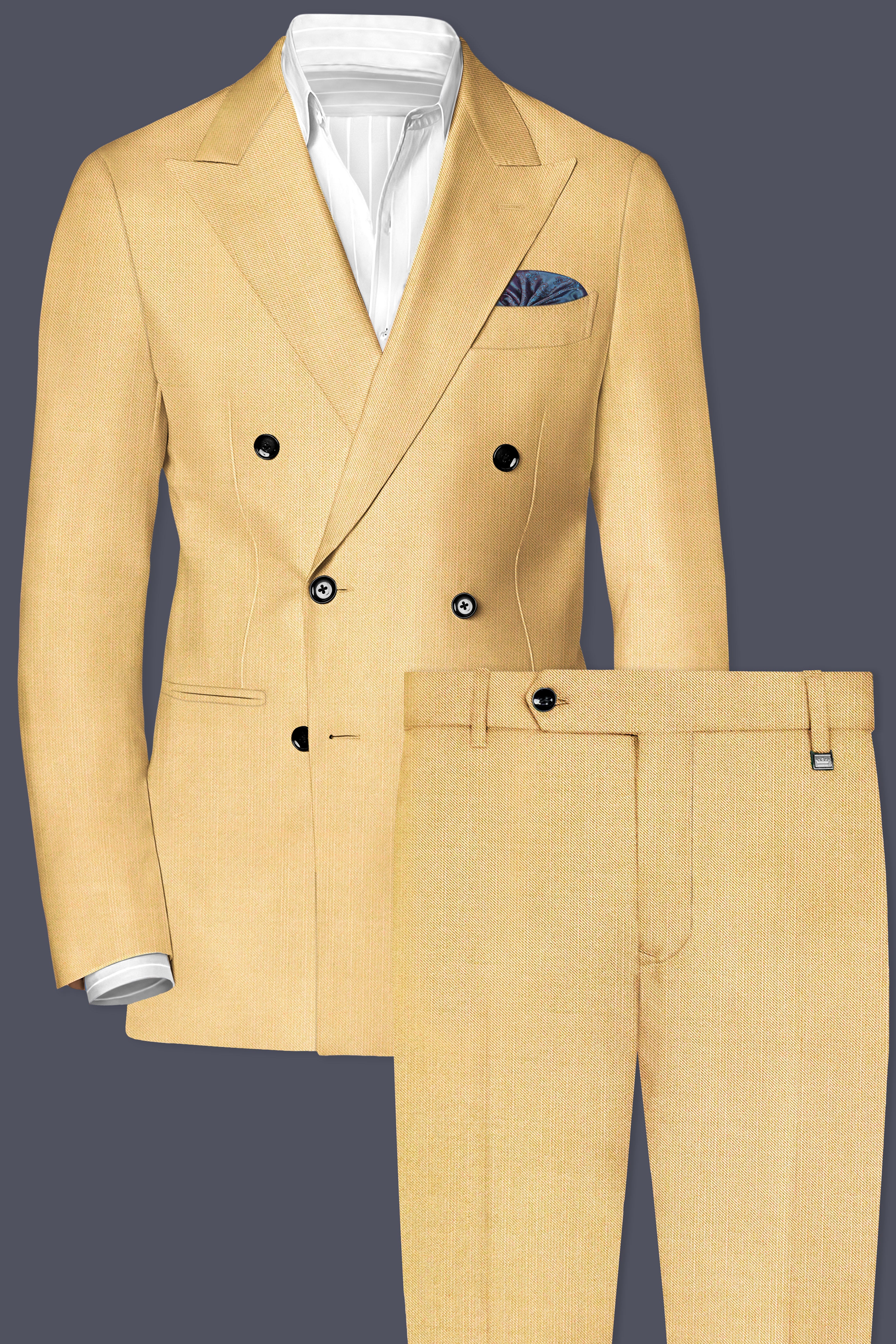 Saffron-Harvest Yellow Solid Wool Rich Double Breasted Stretchable Traveler Suit