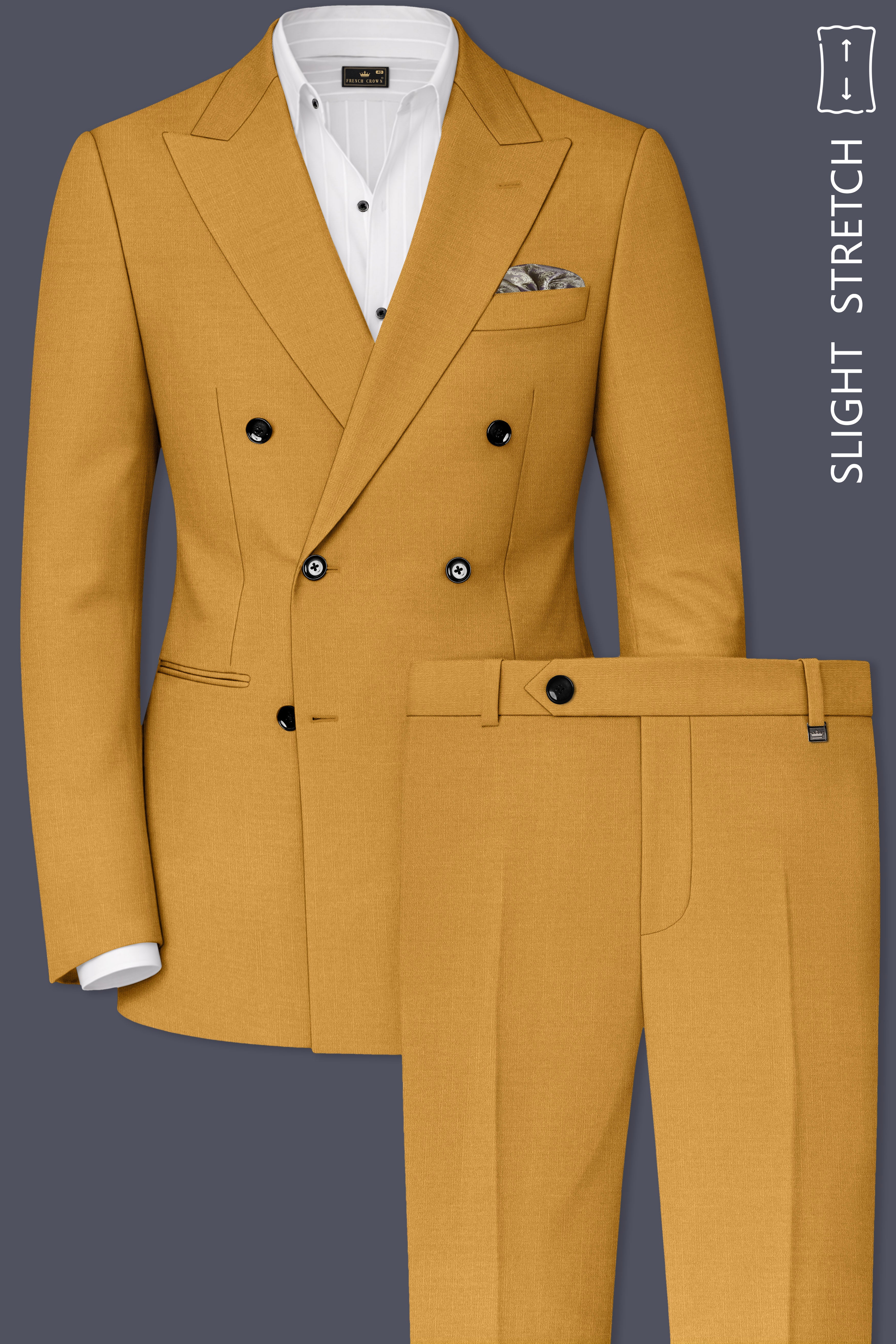 Saffron-Harvest Yellow Solid Wool Rich Double Breasted Slight Stretch Suit