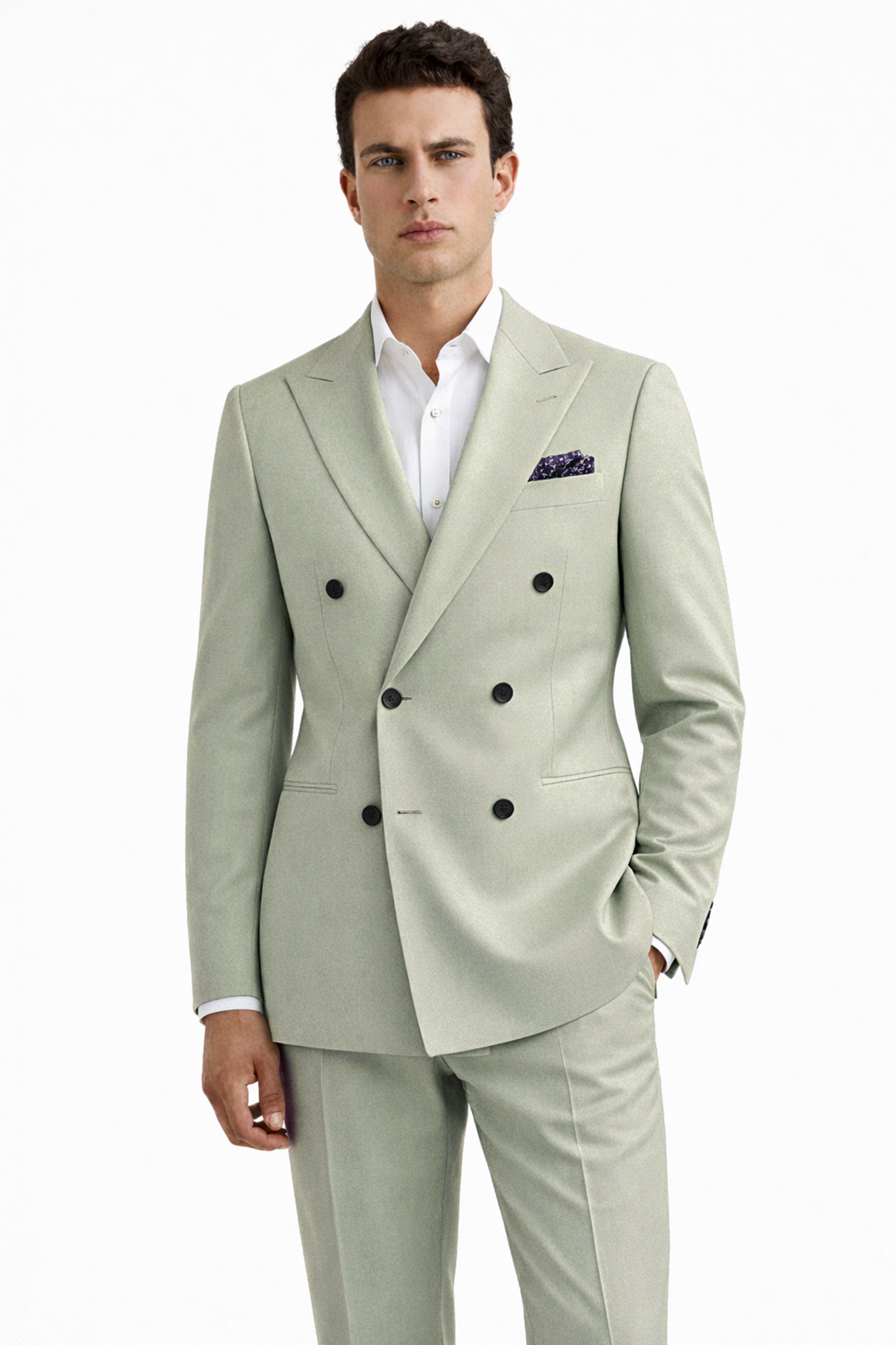 Lichen-Norway Green Solid Wool Rich Double Breasted Slight Stretch Suit