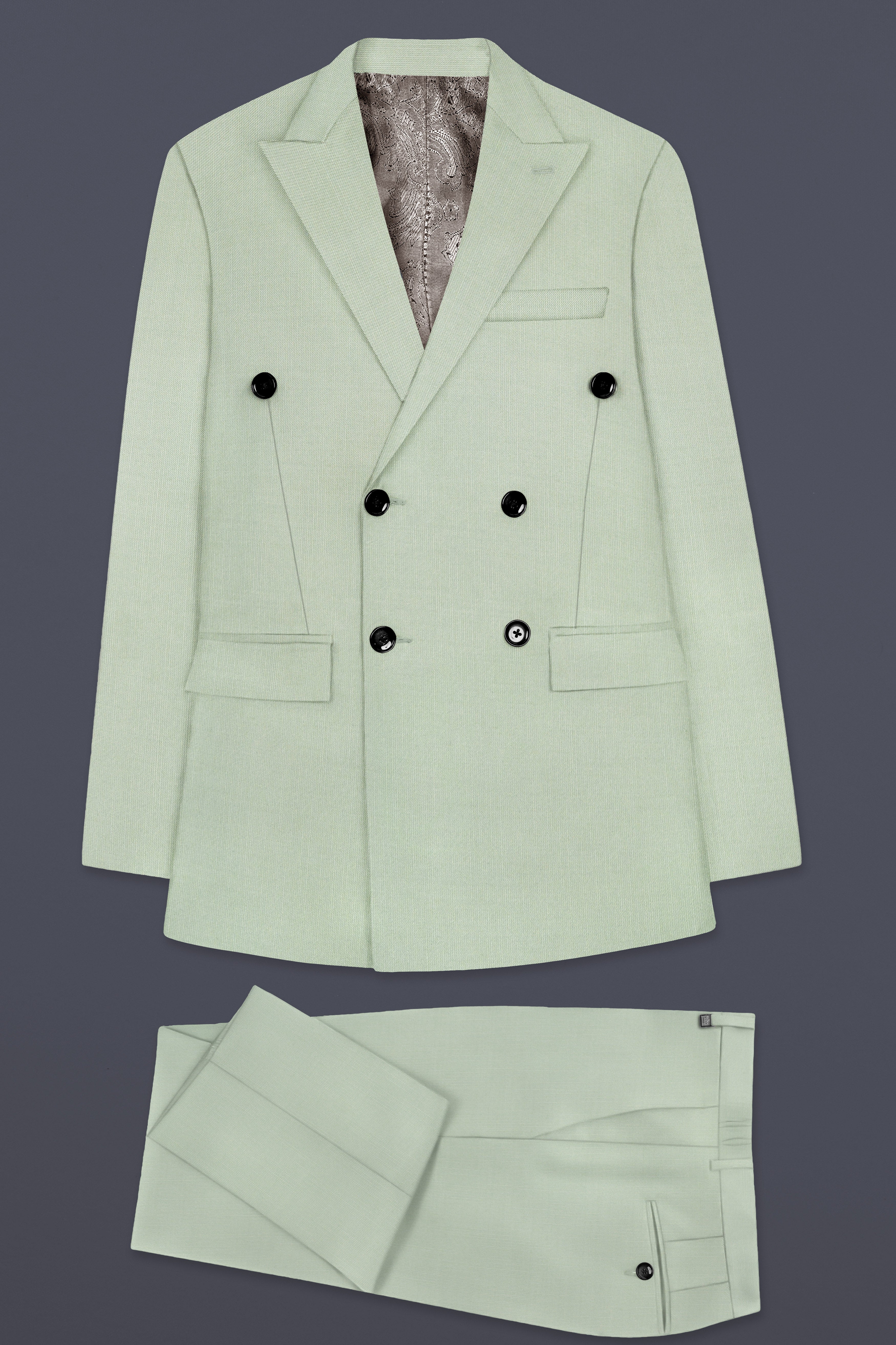 Lichen-Norway Green Solid Wool Rich Double Breasted Stretchable Traveler Suit