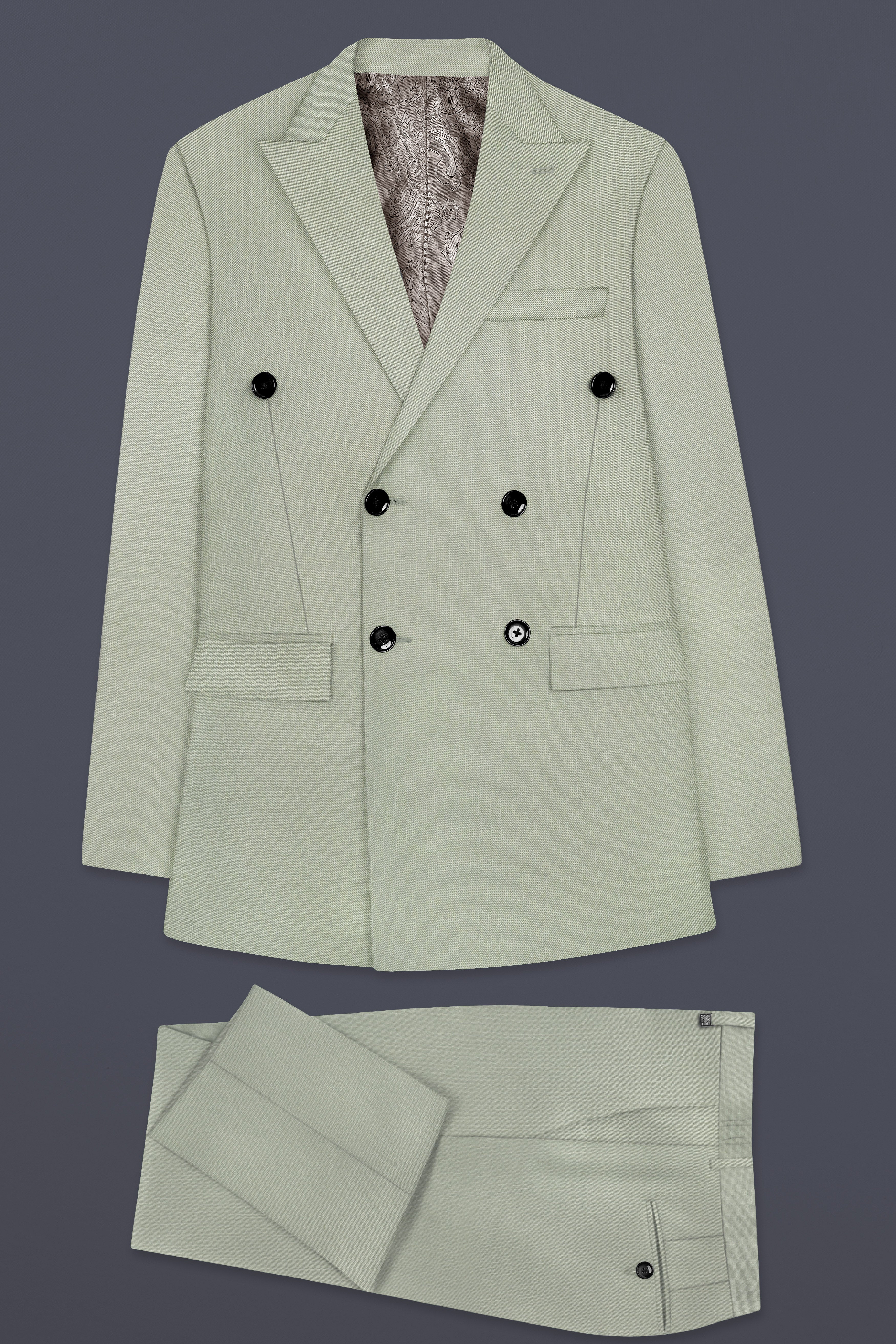 Lichen-Norway Green Solid Wool Rich Double Breasted Slight Stretch Suit