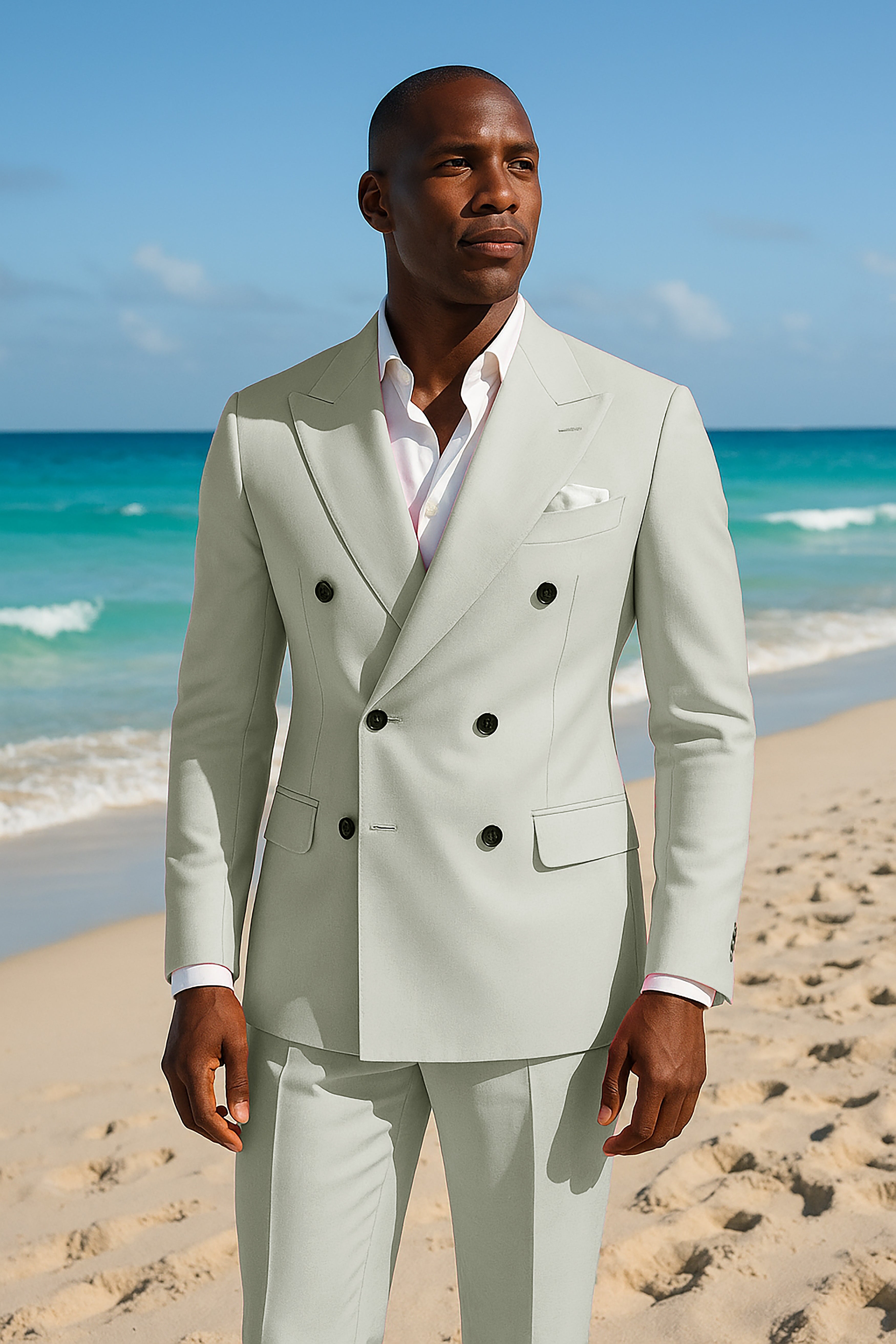 Lichen-Norway Green Solid Wool Rich Double Breasted Slight Stretch Suit