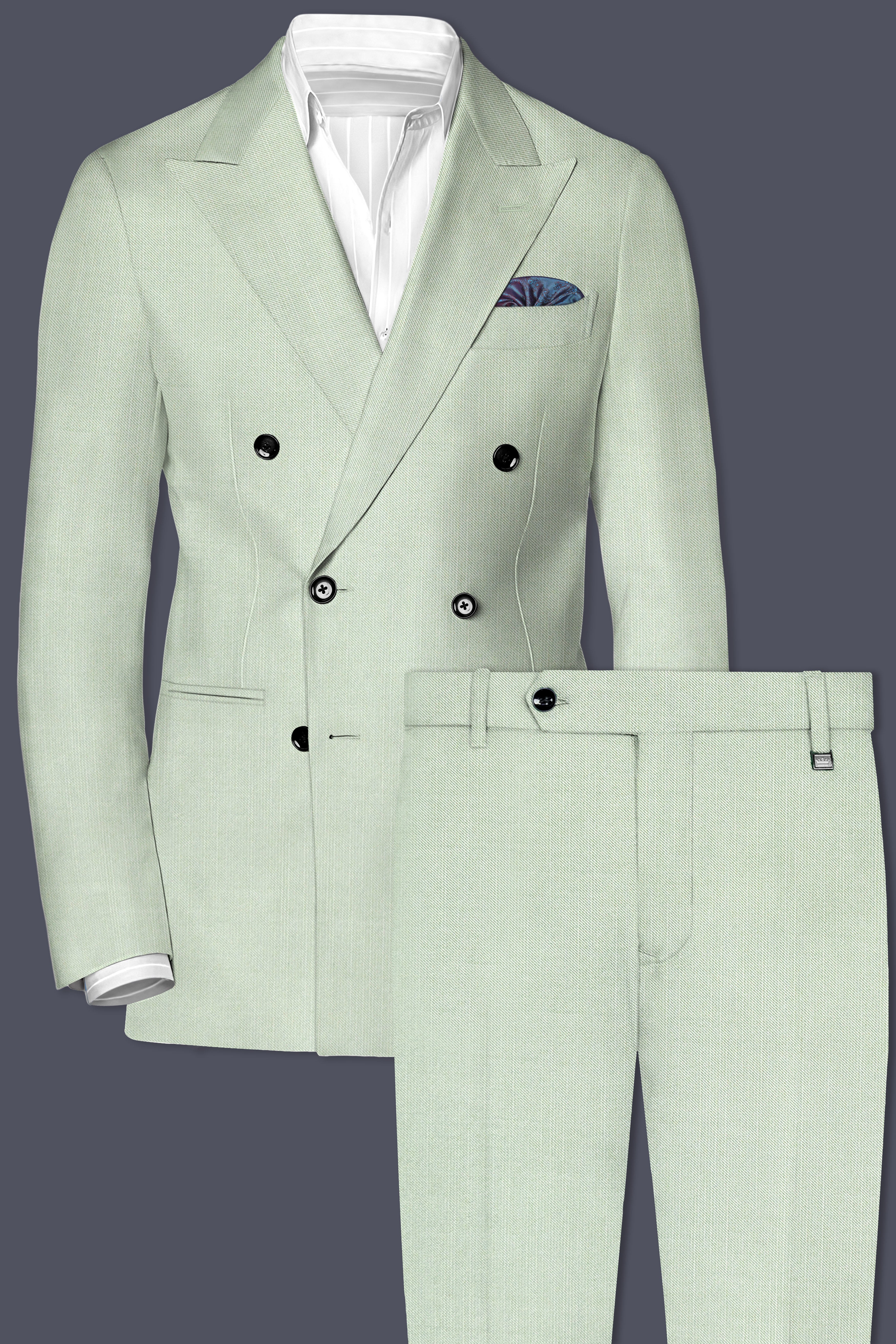 Lichen-Norway Green Solid Wool Rich Double Breasted Stretchable Traveler Suit