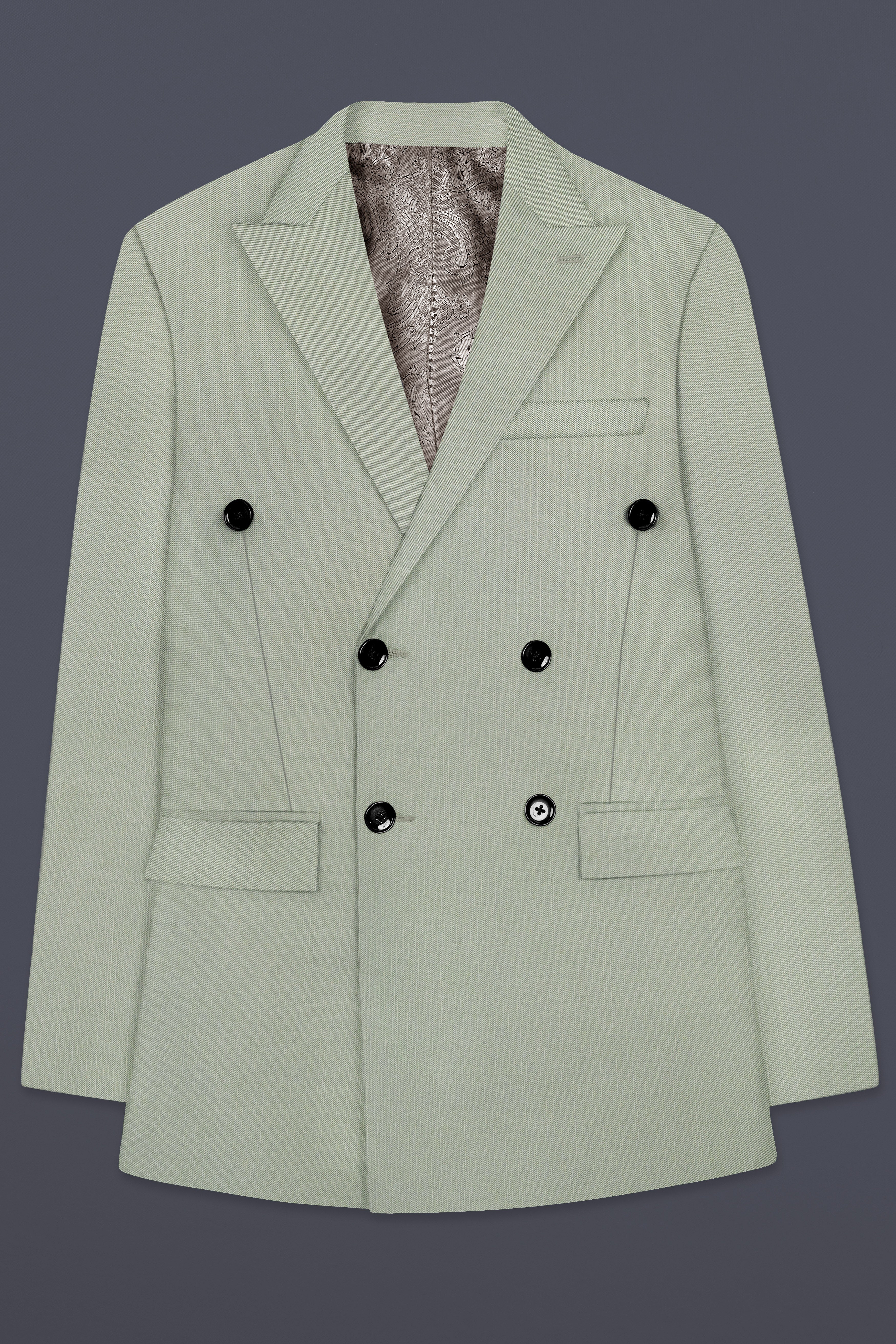 Lichen-Norway Green Solid Wool Rich Double Breasted Slight Stretch Suit