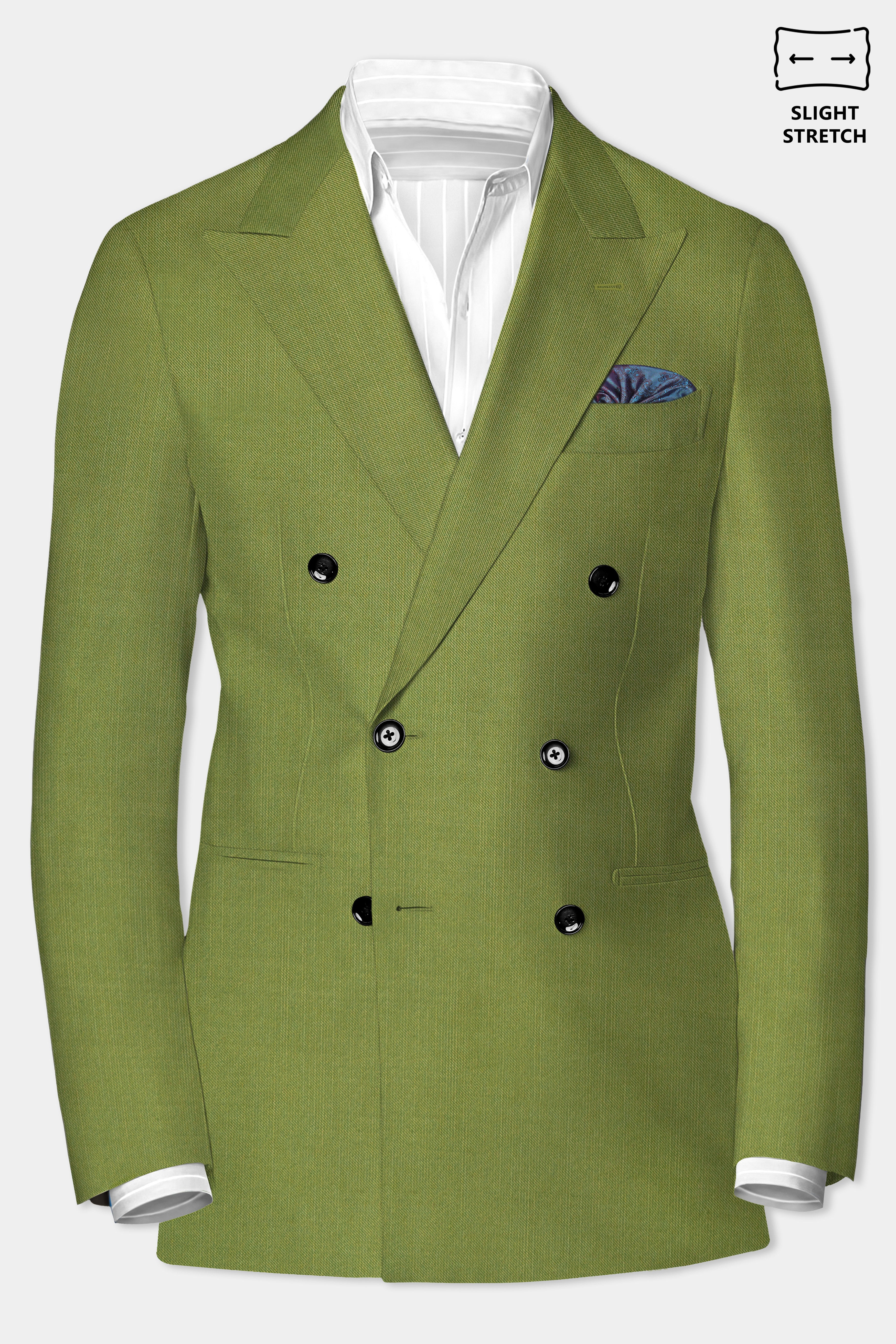 Pistachio-Wasabi Green Solid Wool Rich Double Breasted Slight Stretch Suit