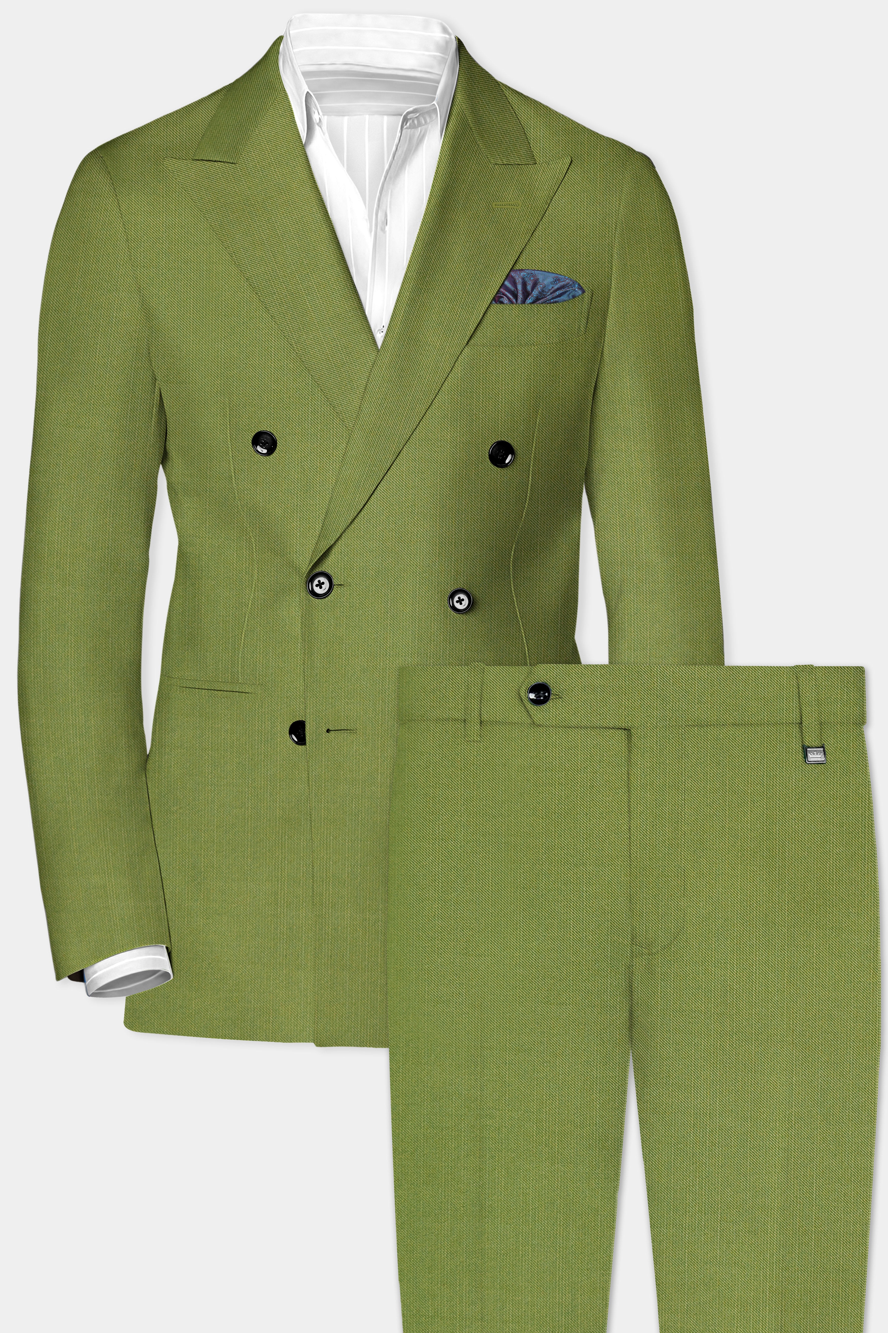 Pistachio-Wasabi Green Solid Wool Rich Double Breasted Stretchable Traveler Suit