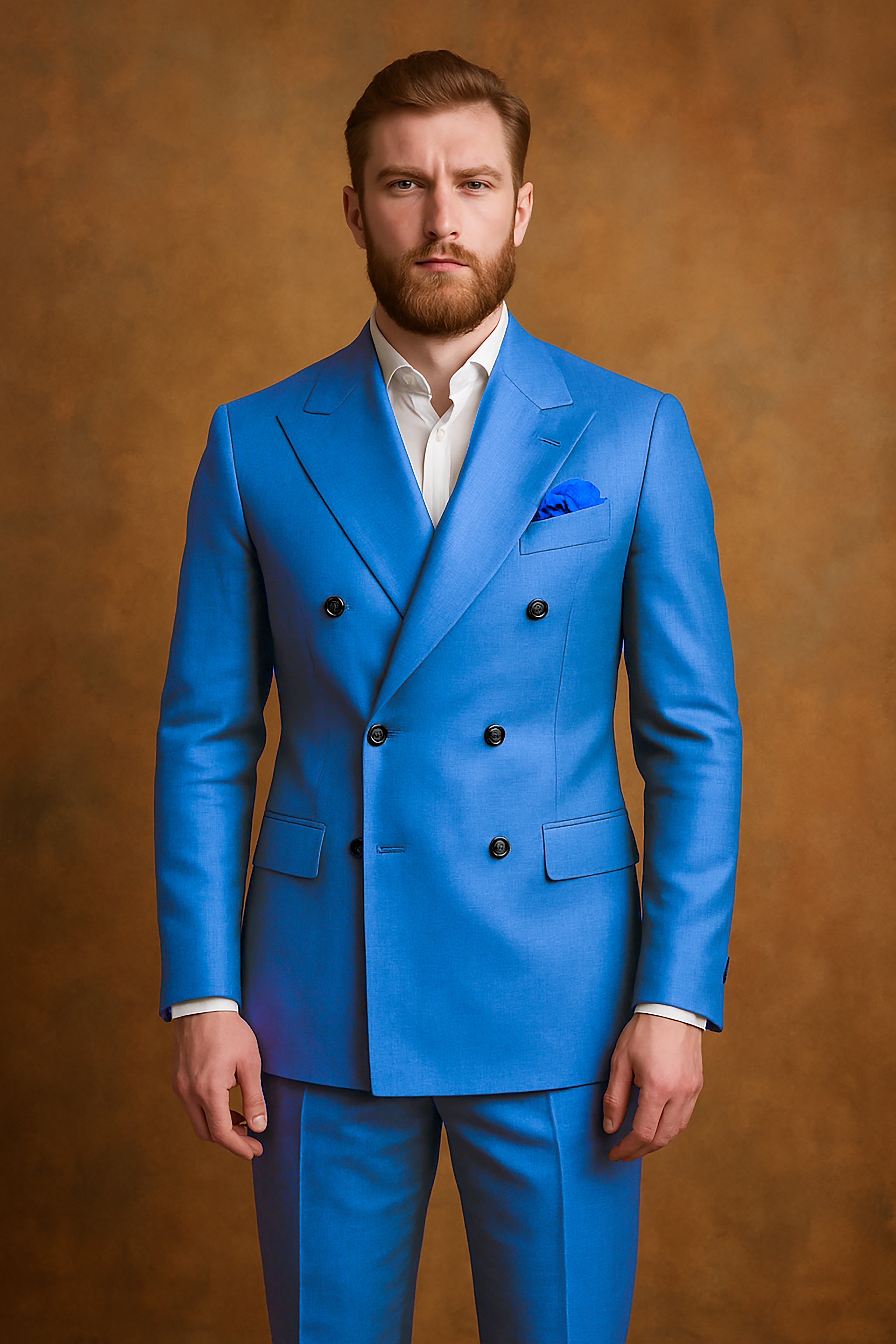 Azure-Venice Blue Solid Wool Rich Double Breasted Slight Stretch Suit