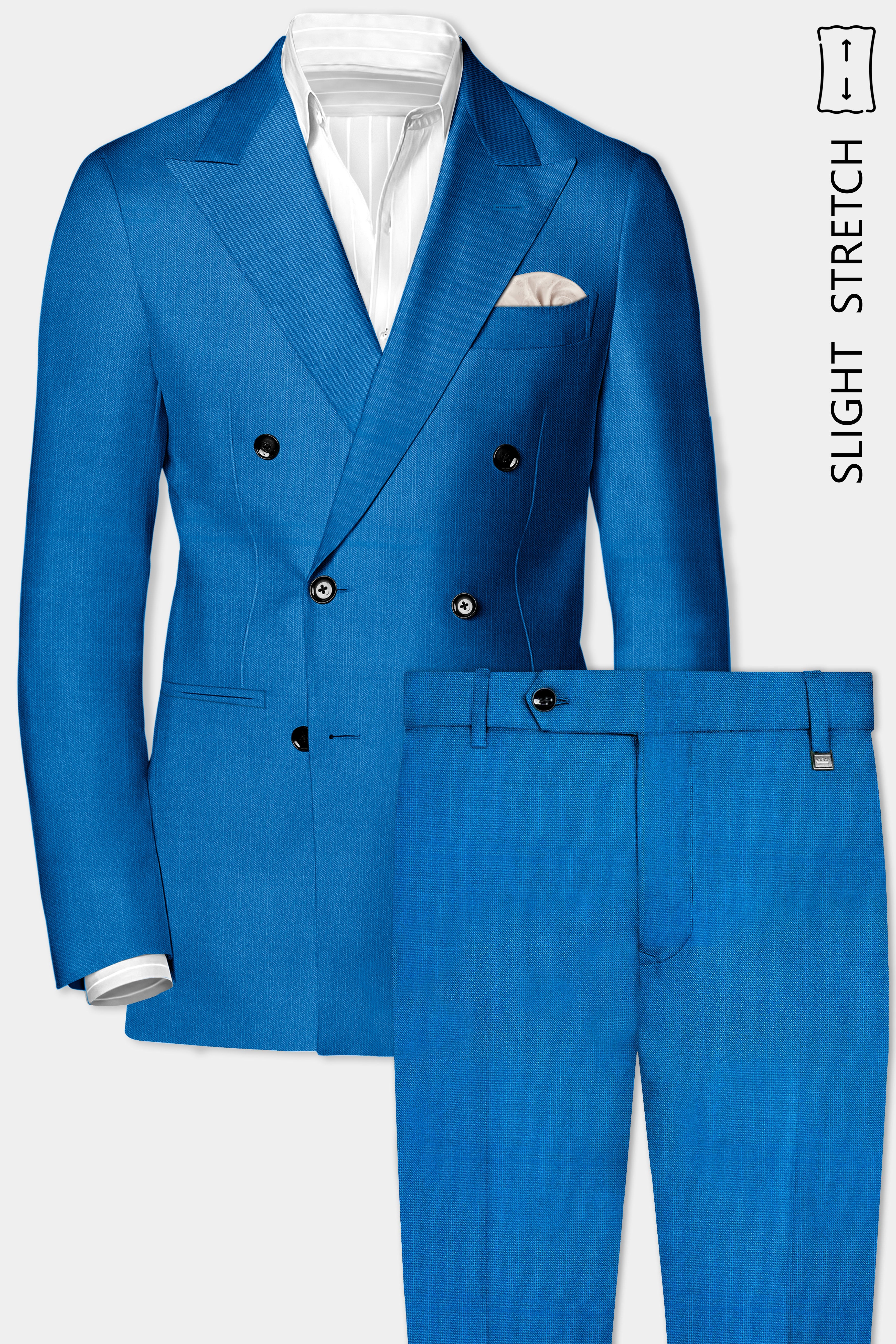 Azure-Venice Blue Solid Wool Rich Double Breasted Slight Stretch Suit