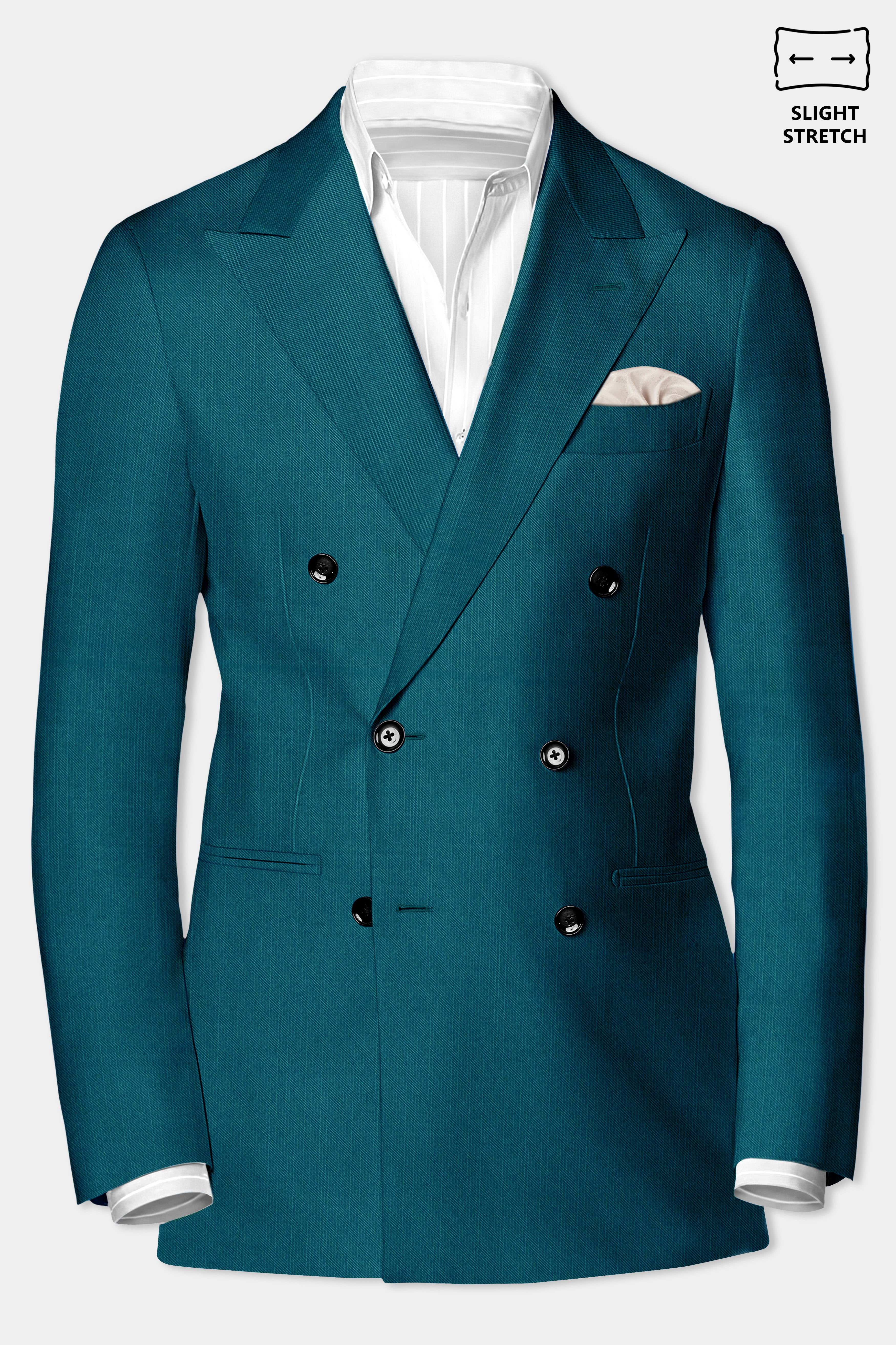 Sapphire-Peacock Blue Solid Wool Rich Double Breasted Slight Stretch Suit