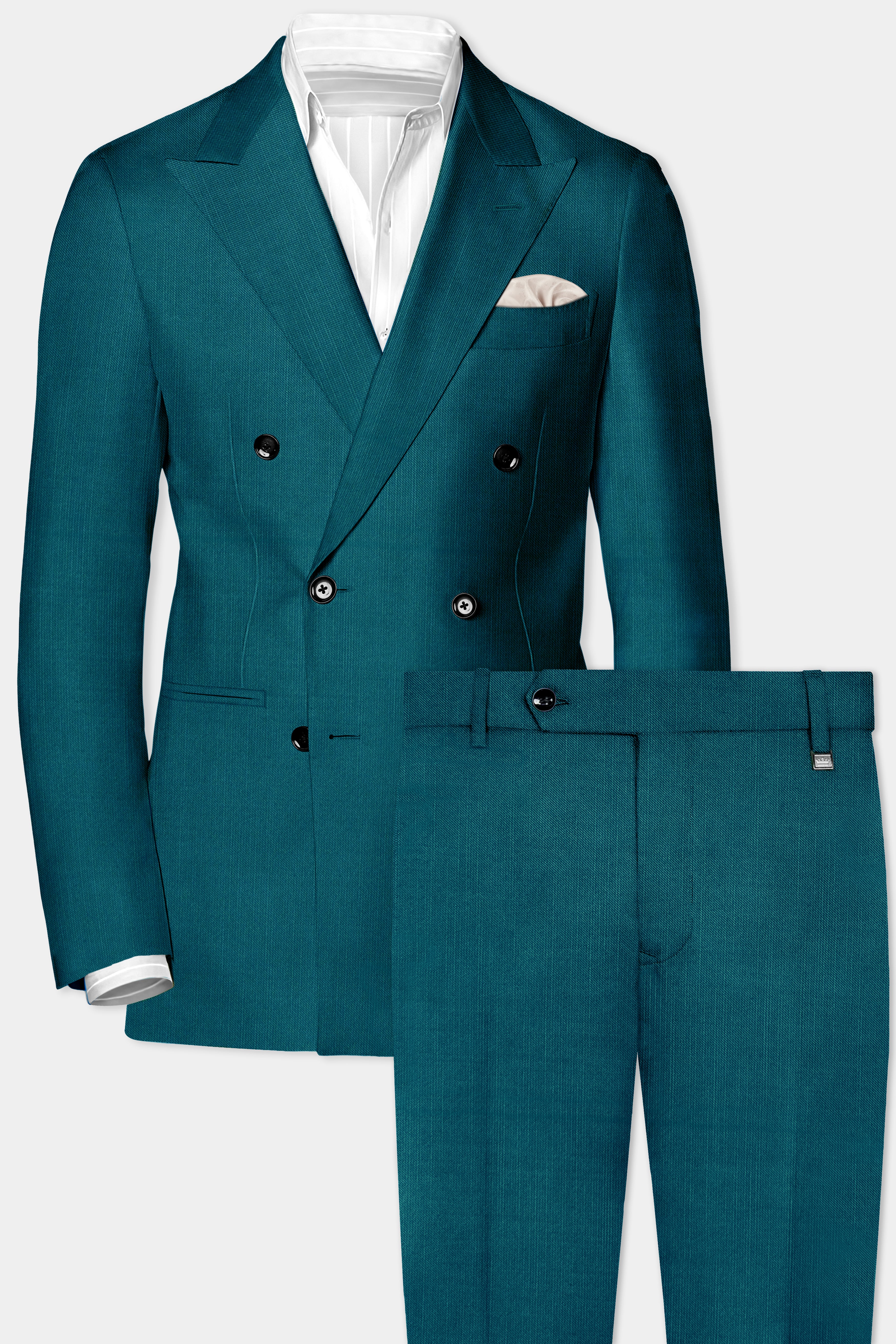 Sapphire-Peacock Blue Solid Wool Rich Double Breasted Stretchable traveler Suit