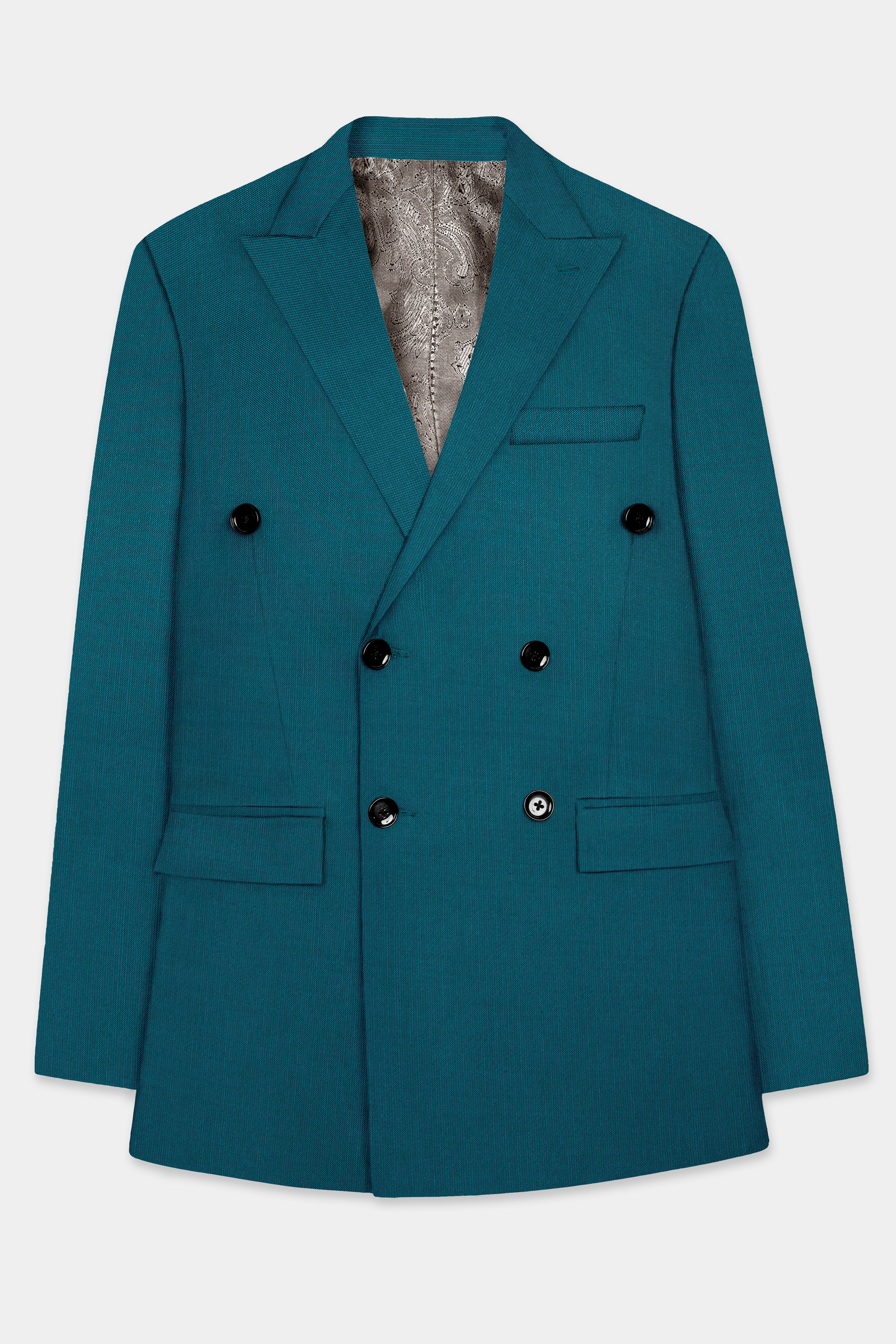 Sapphire-Peacock Blue Solid Wool Rich Double Breasted Slight Stretch Suit