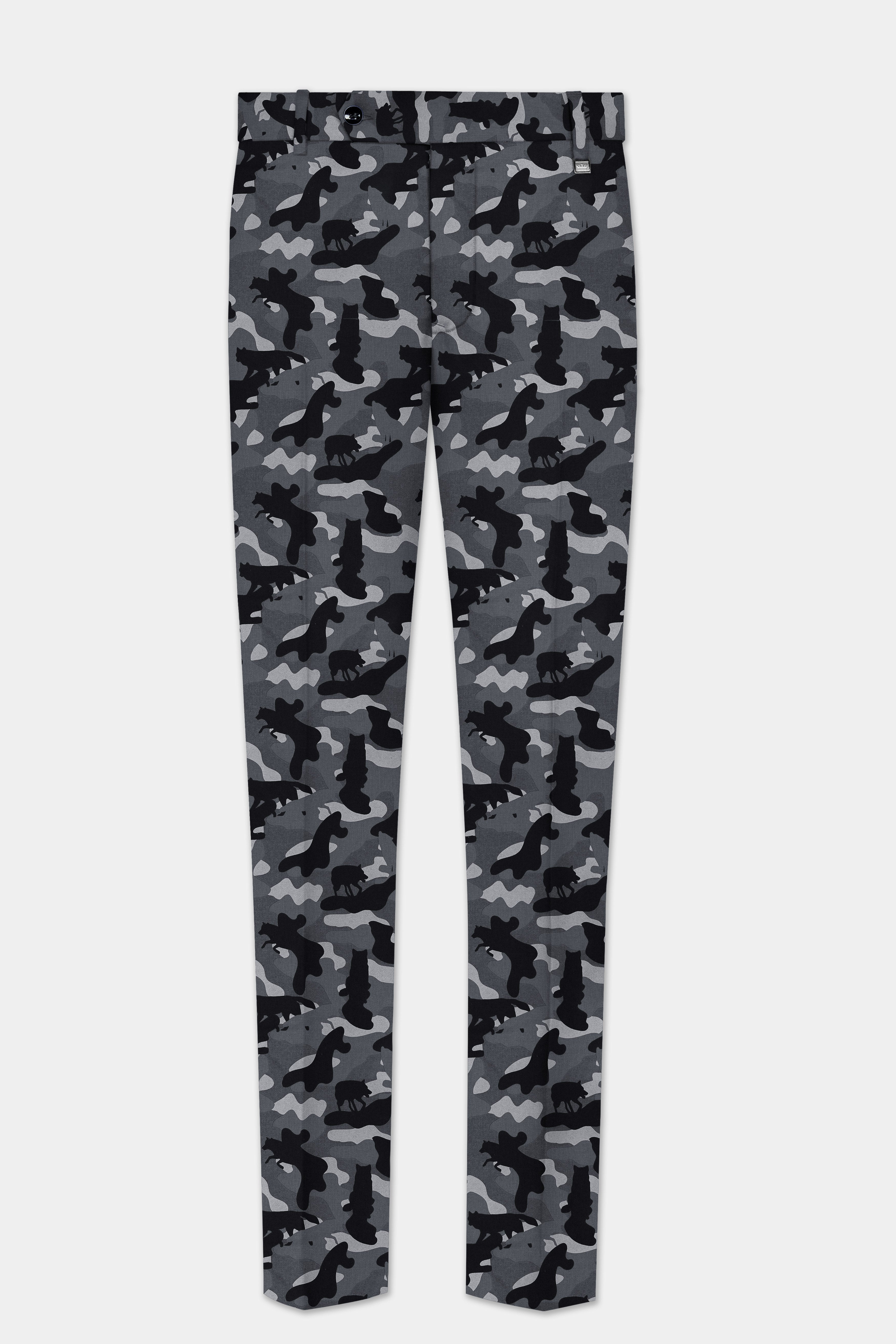 Carbon Gray And Cinder Black Camouflage Printed Cotton Single Breasted Suit