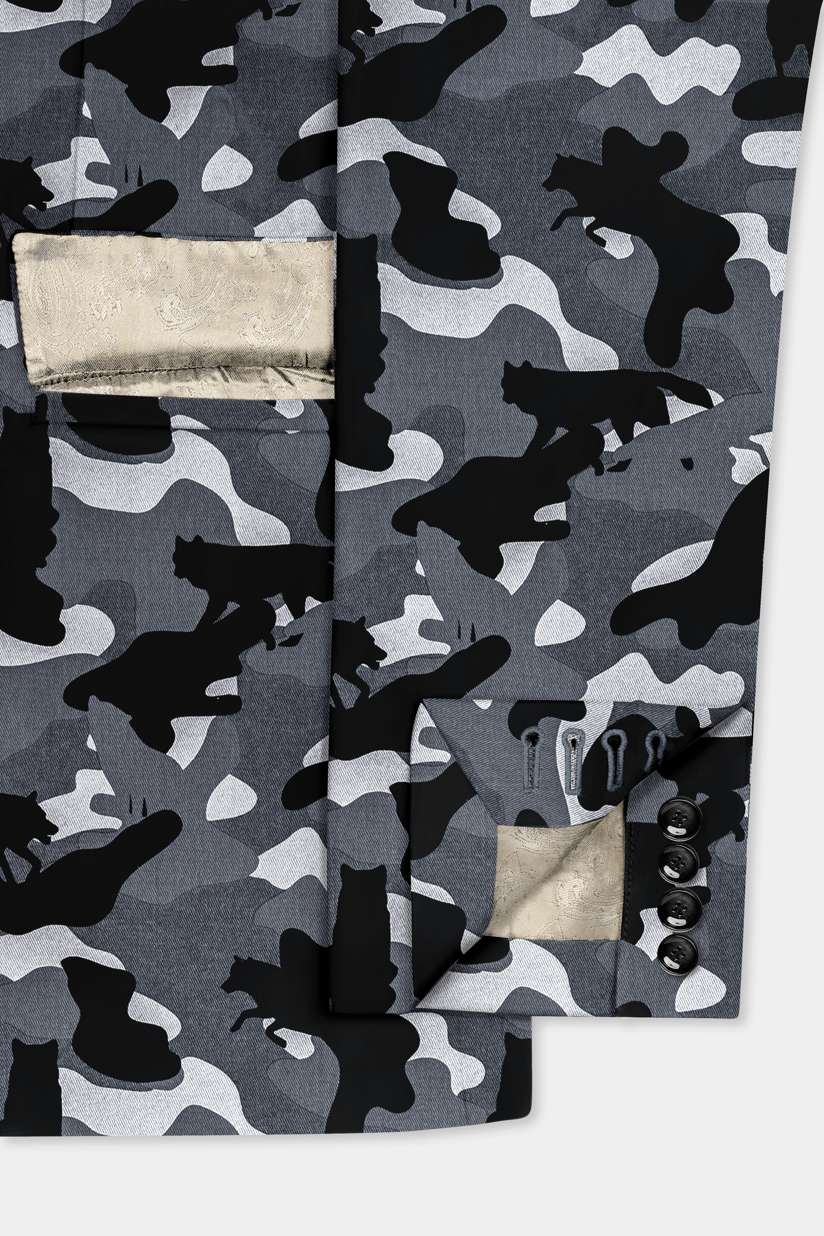Carbon Gray And Cinder Black Camouflage Printed Cotton Single Breasted Suit