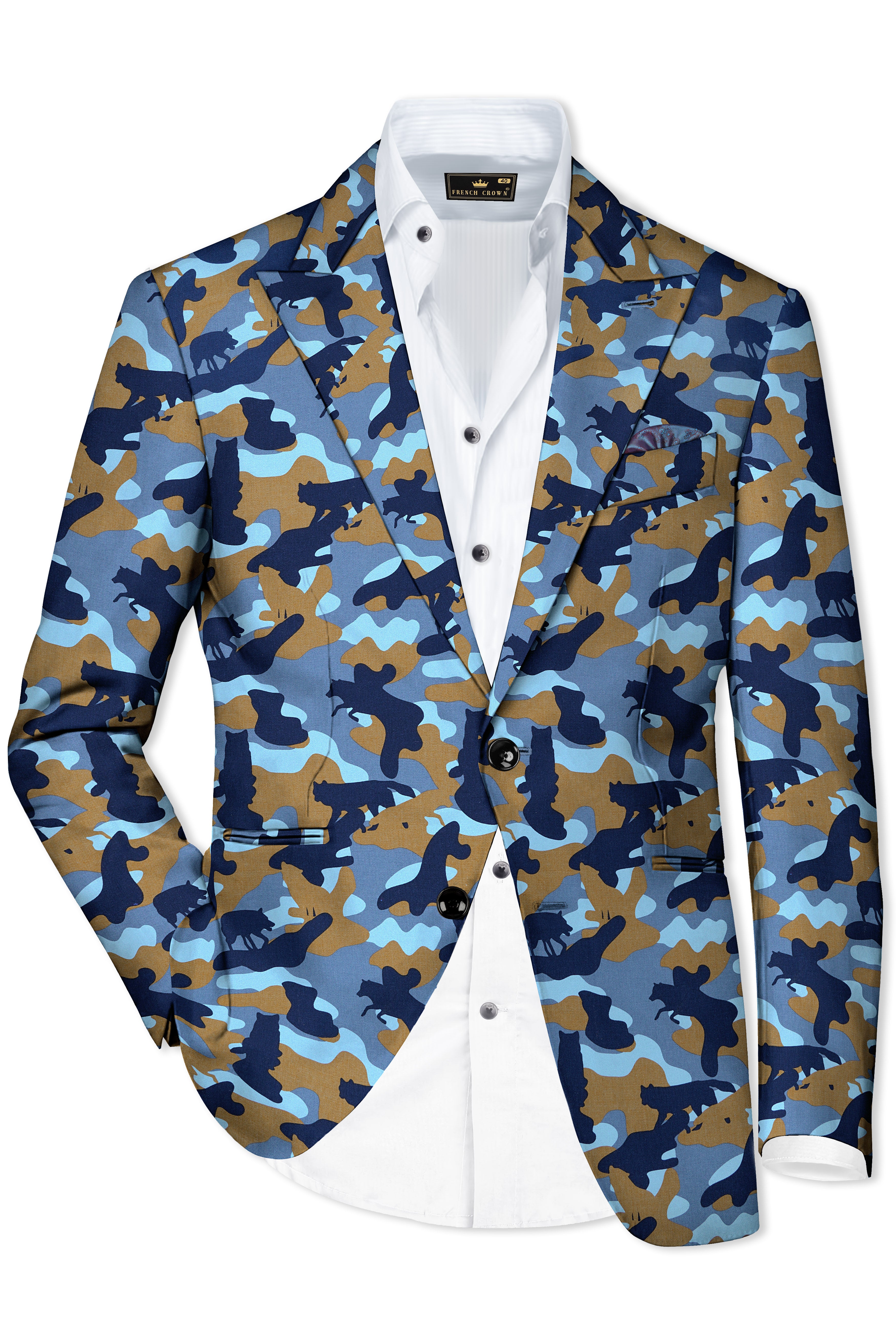 Martinique Blue And Irish Brown Camouflage Printed Single Breasted Suit