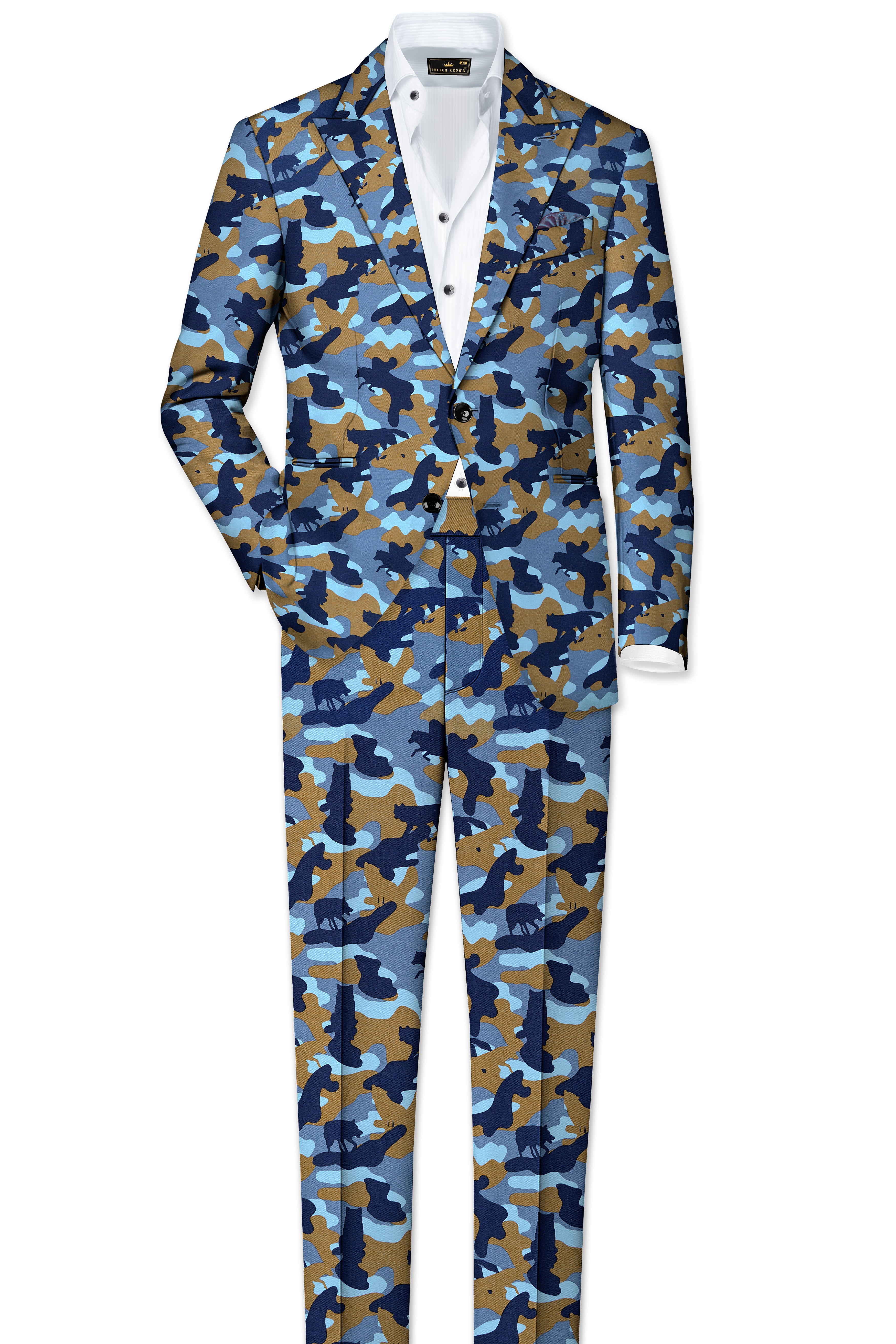 Martinique Blue And Irish Brown Camouflage Printed Single Breasted Suit