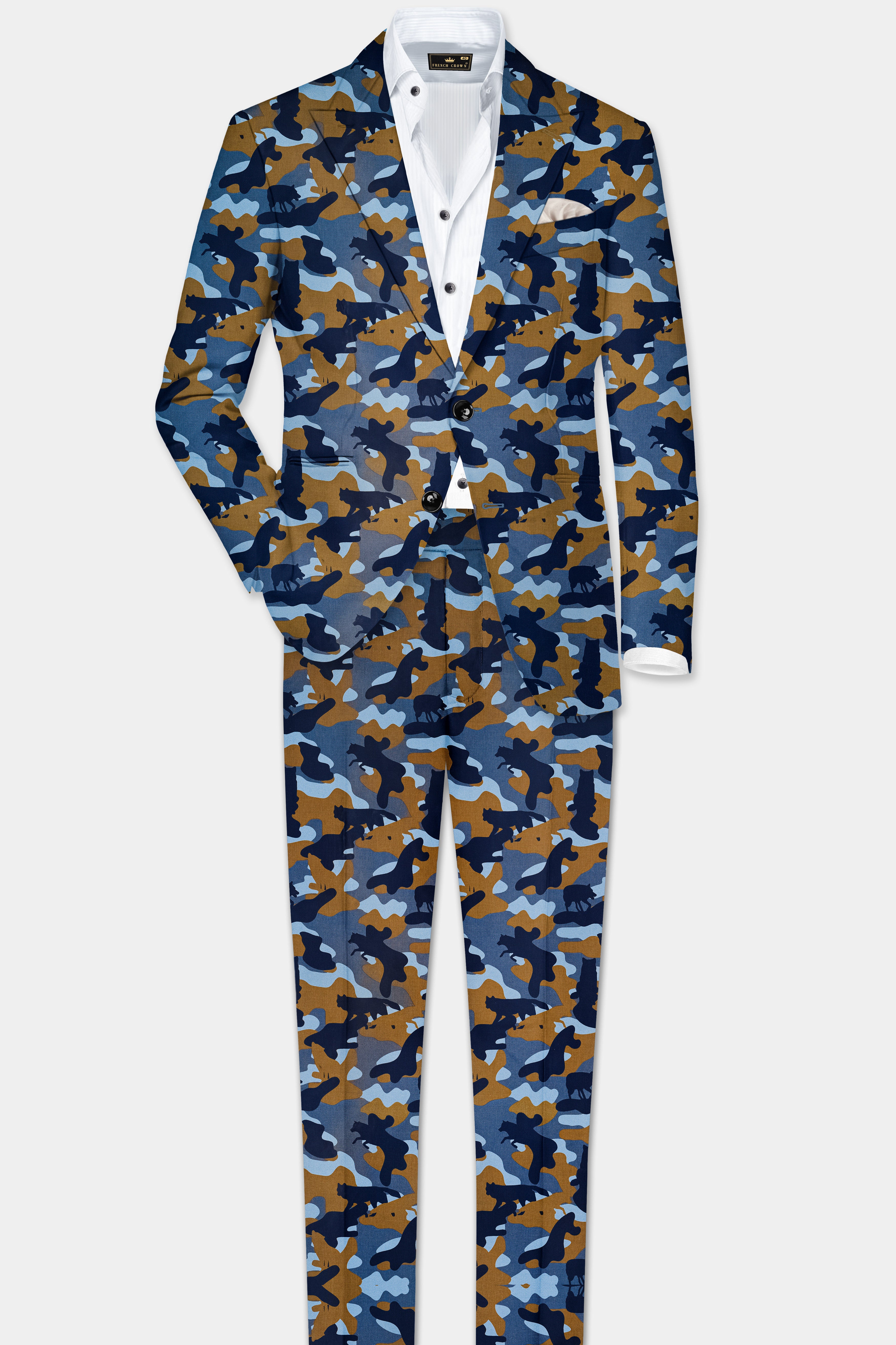 Martinique Blue And Irish Brown Camouflage Printed Single Breasted Suit
