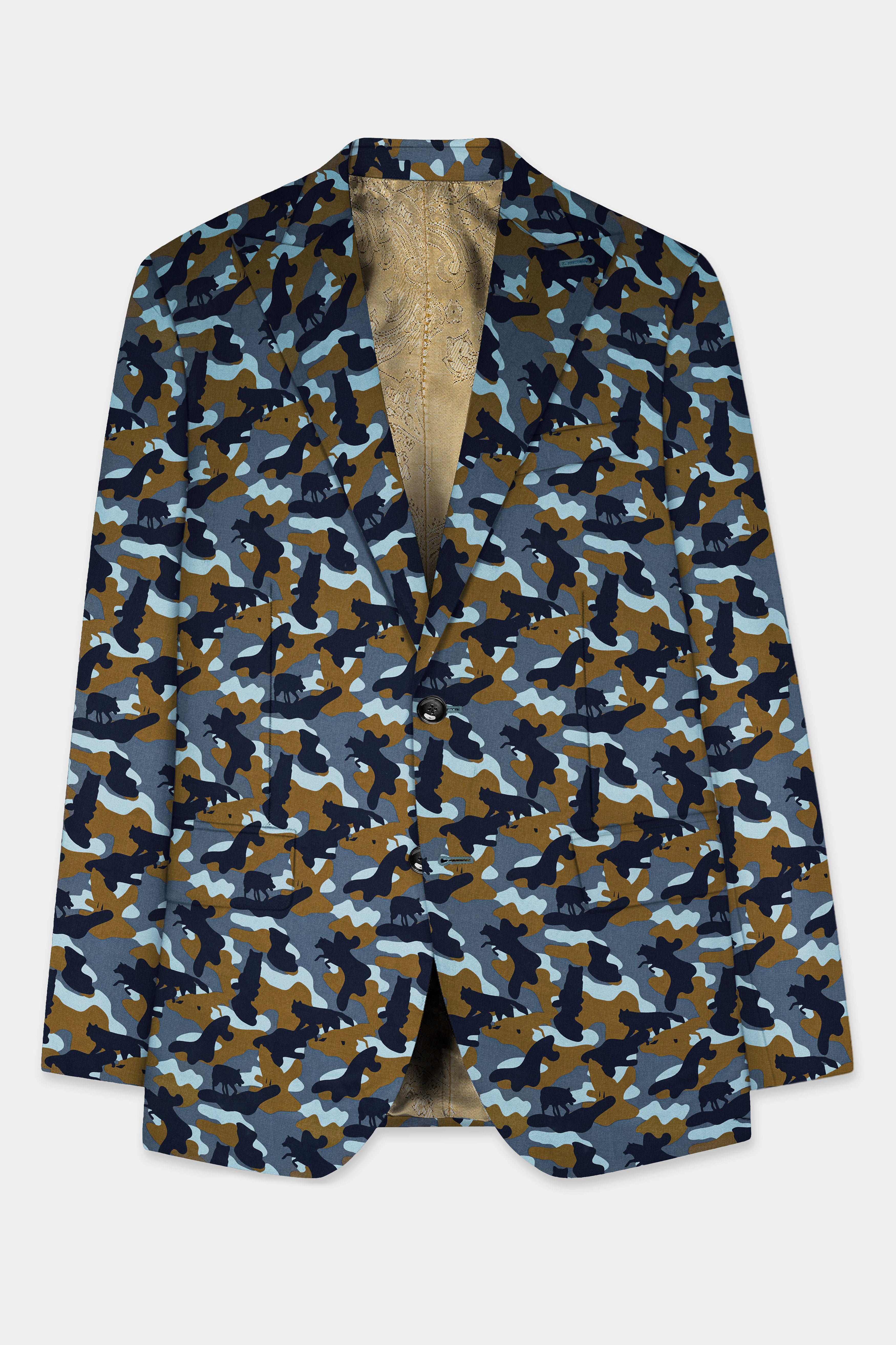 Martinique Blue And Irish Brown Camouflage Printed Single Breasted Suit