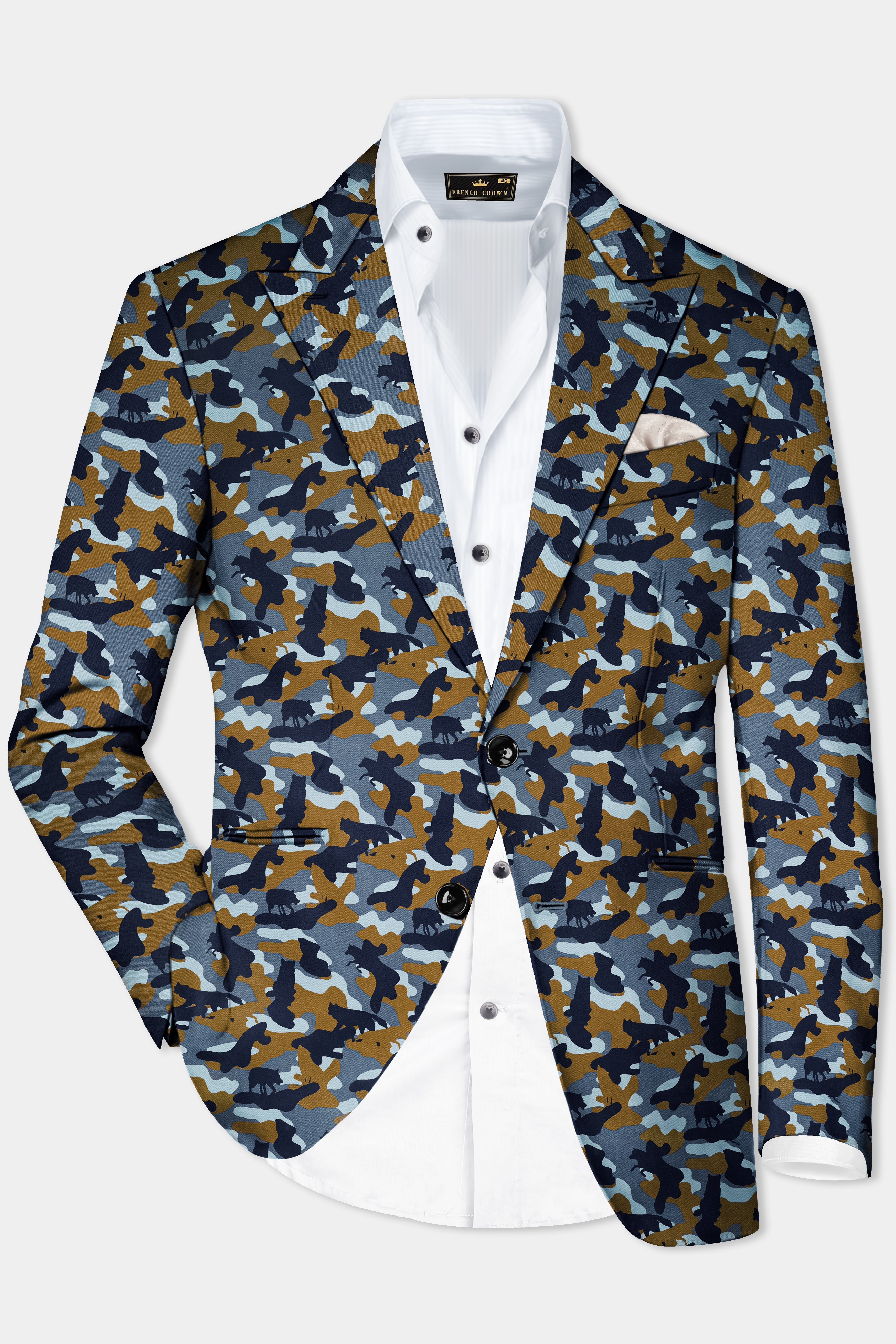 Martinique Blue And Irish Brown Camouflage Printed Single Breasted Suit
