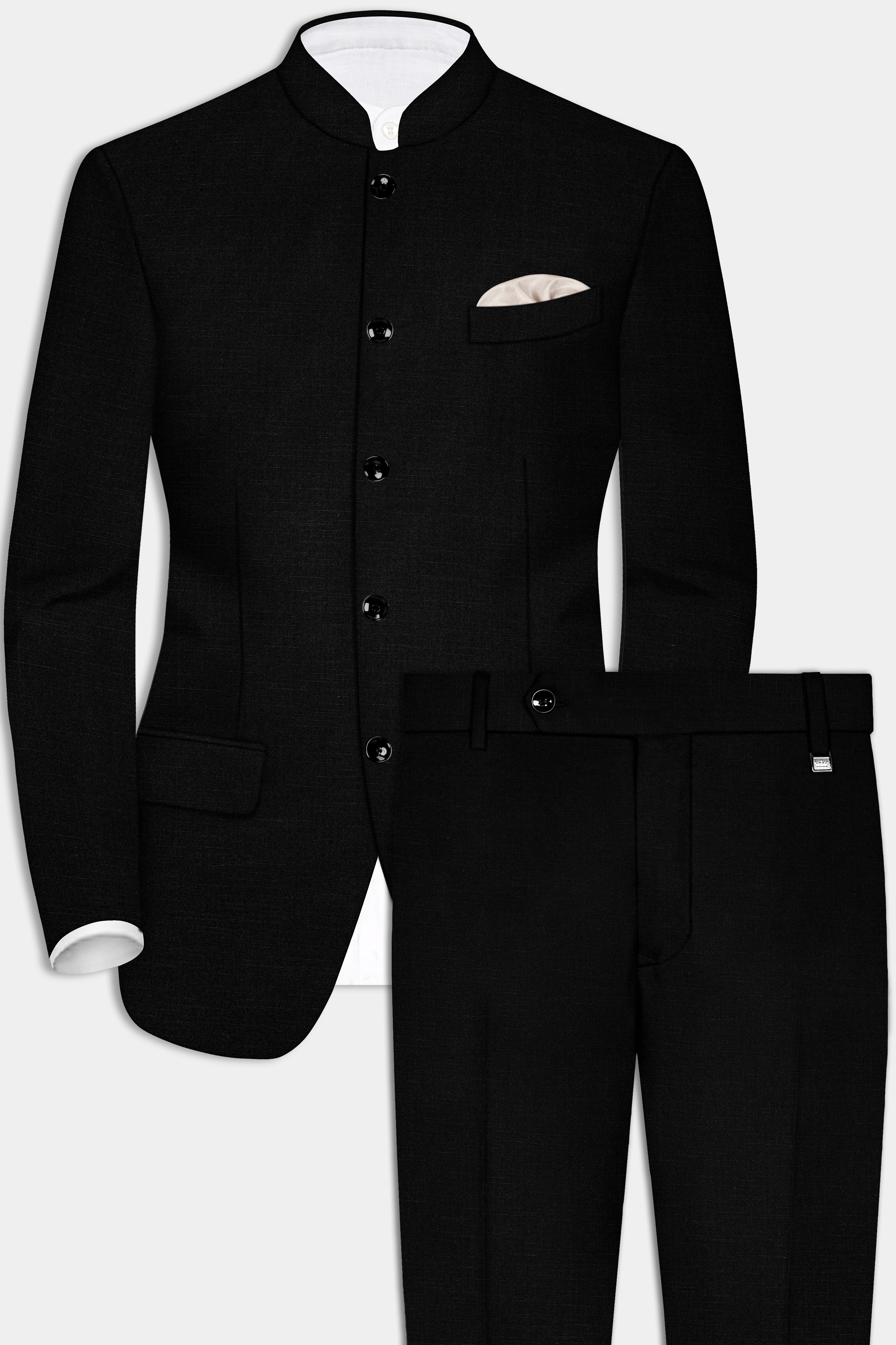Jade Black Solid Wool Rich Bandhgala Stretchable traveler Suit