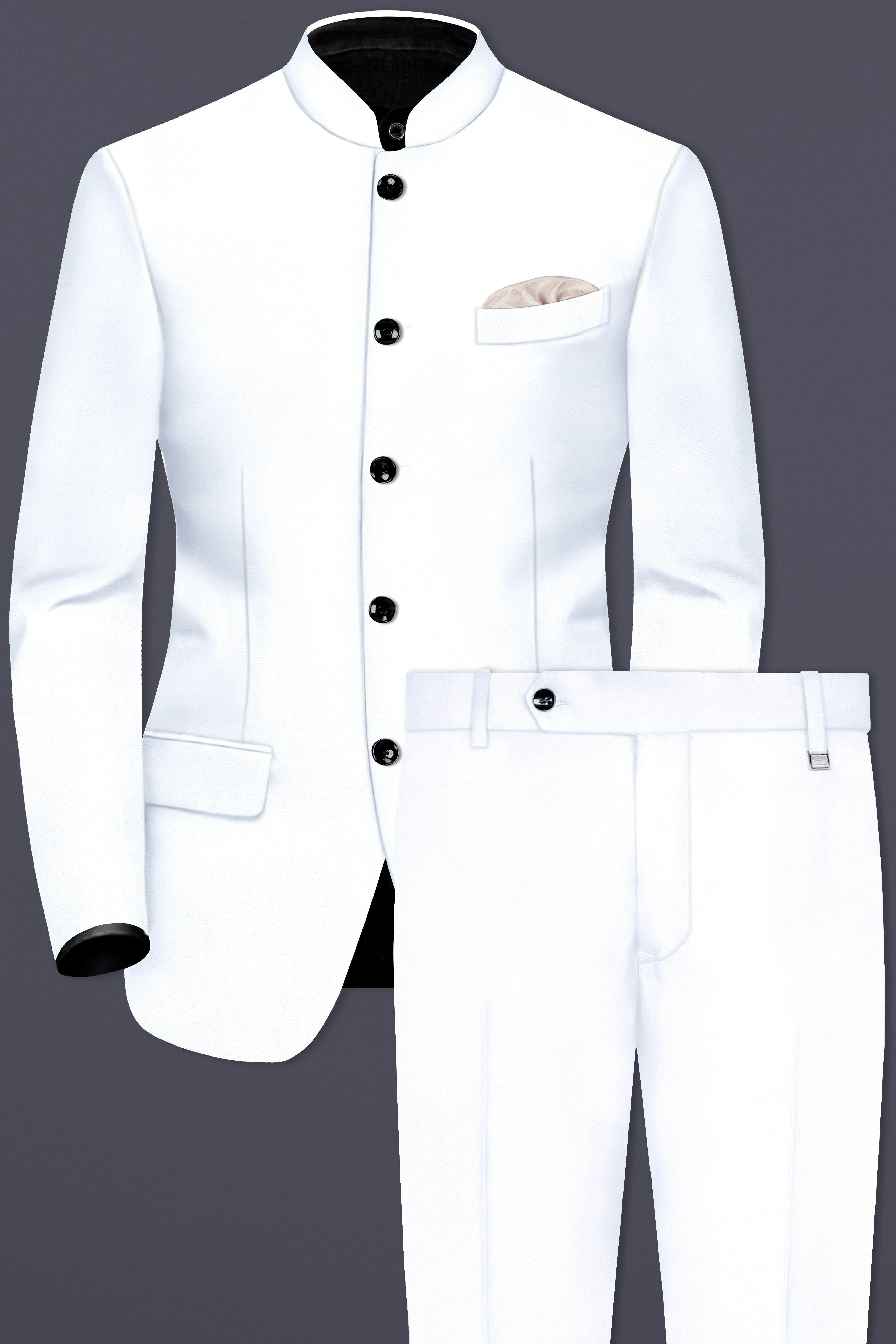 Bright White Solid Wool Rich Bandhgala Stretchable traveler Suit