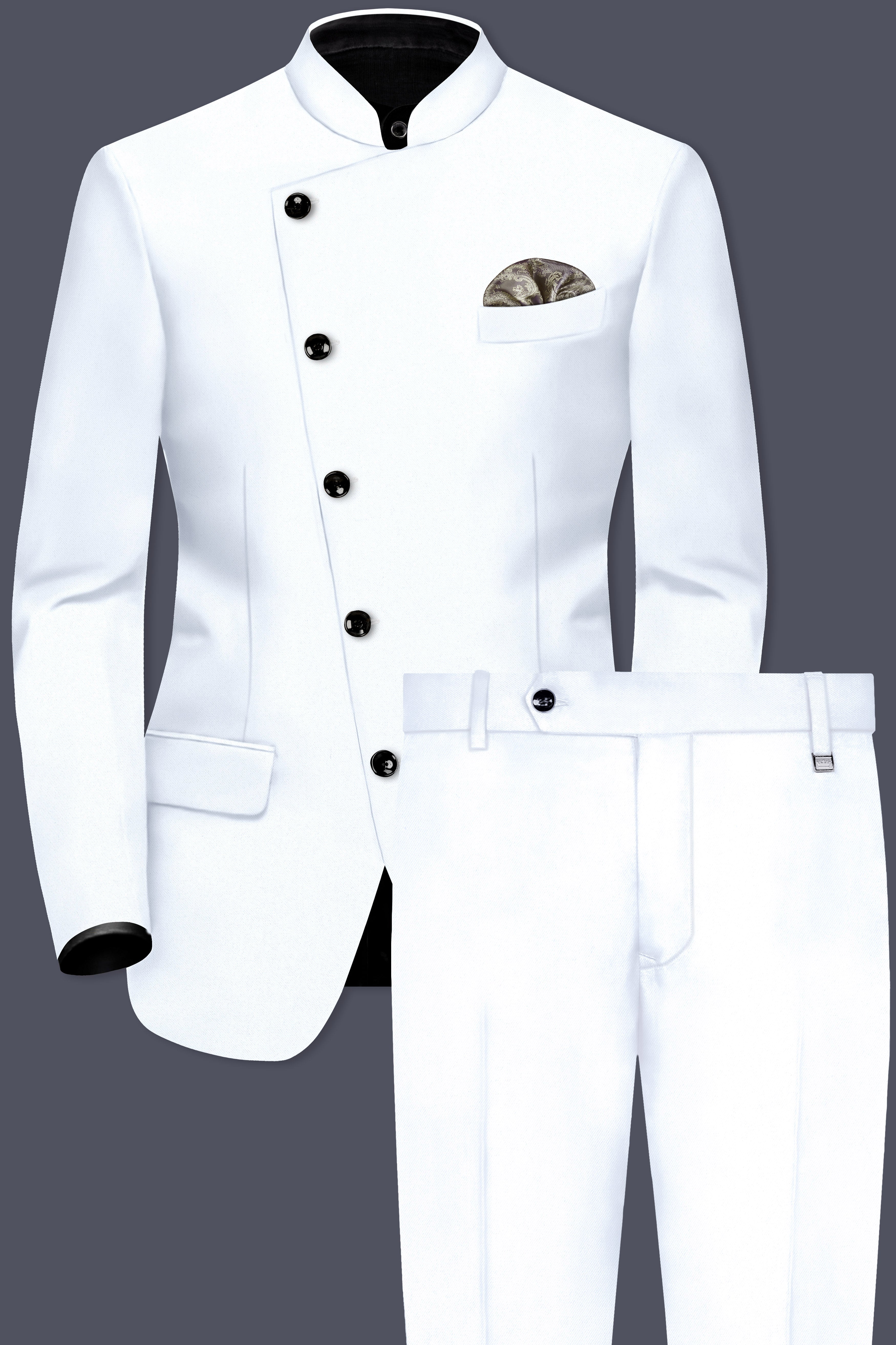 Bright White Solid Wool Rich Cross Placket Bandhgala Stretchable traveler Suit
