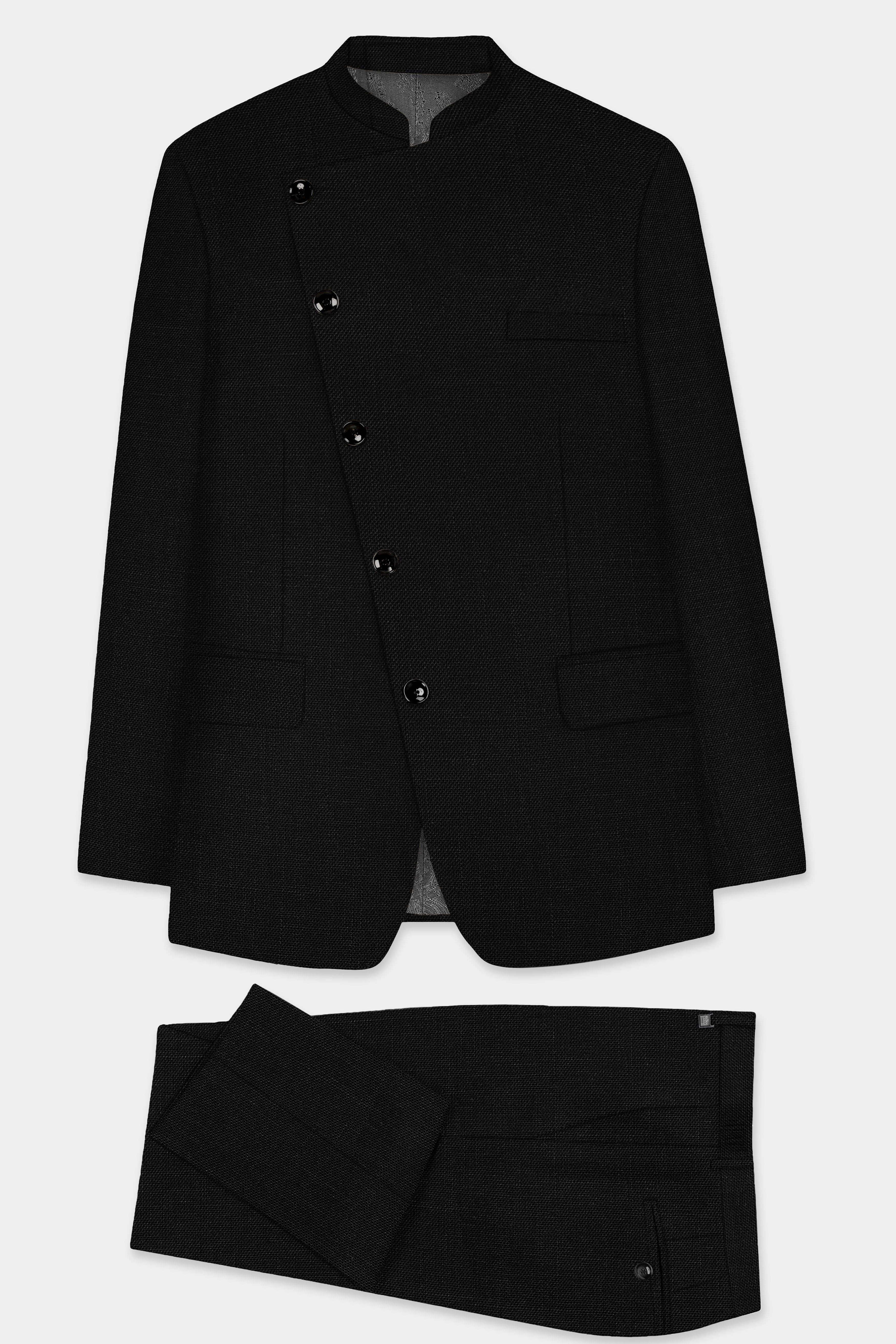 Jade Black Solid Wool Rich Cross Placket Bandhgala Luxurious Linen Suit