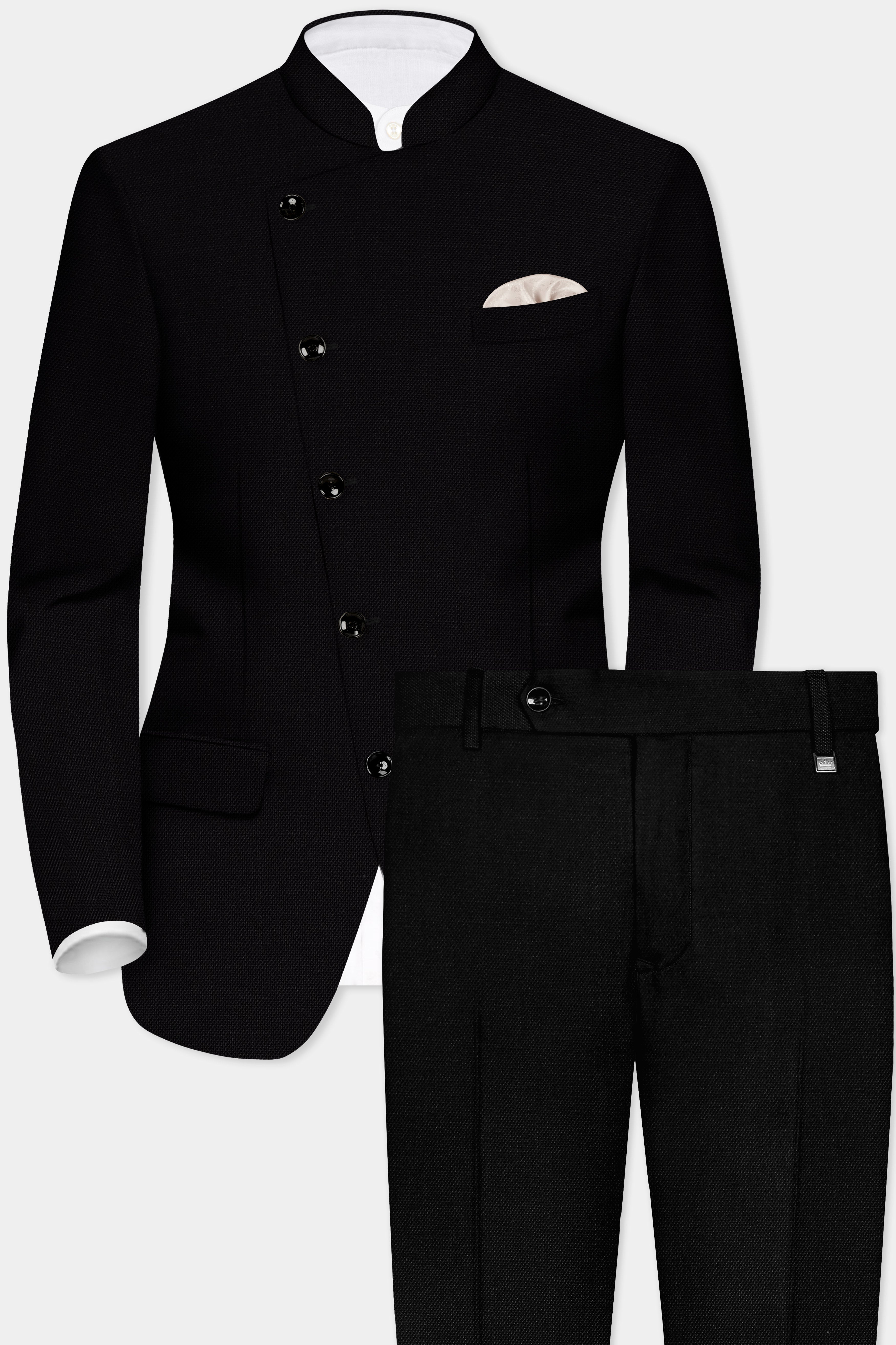 Jade Black Solid Wool Rich Cross Placket Bandhgala Luxurious Linen Suit