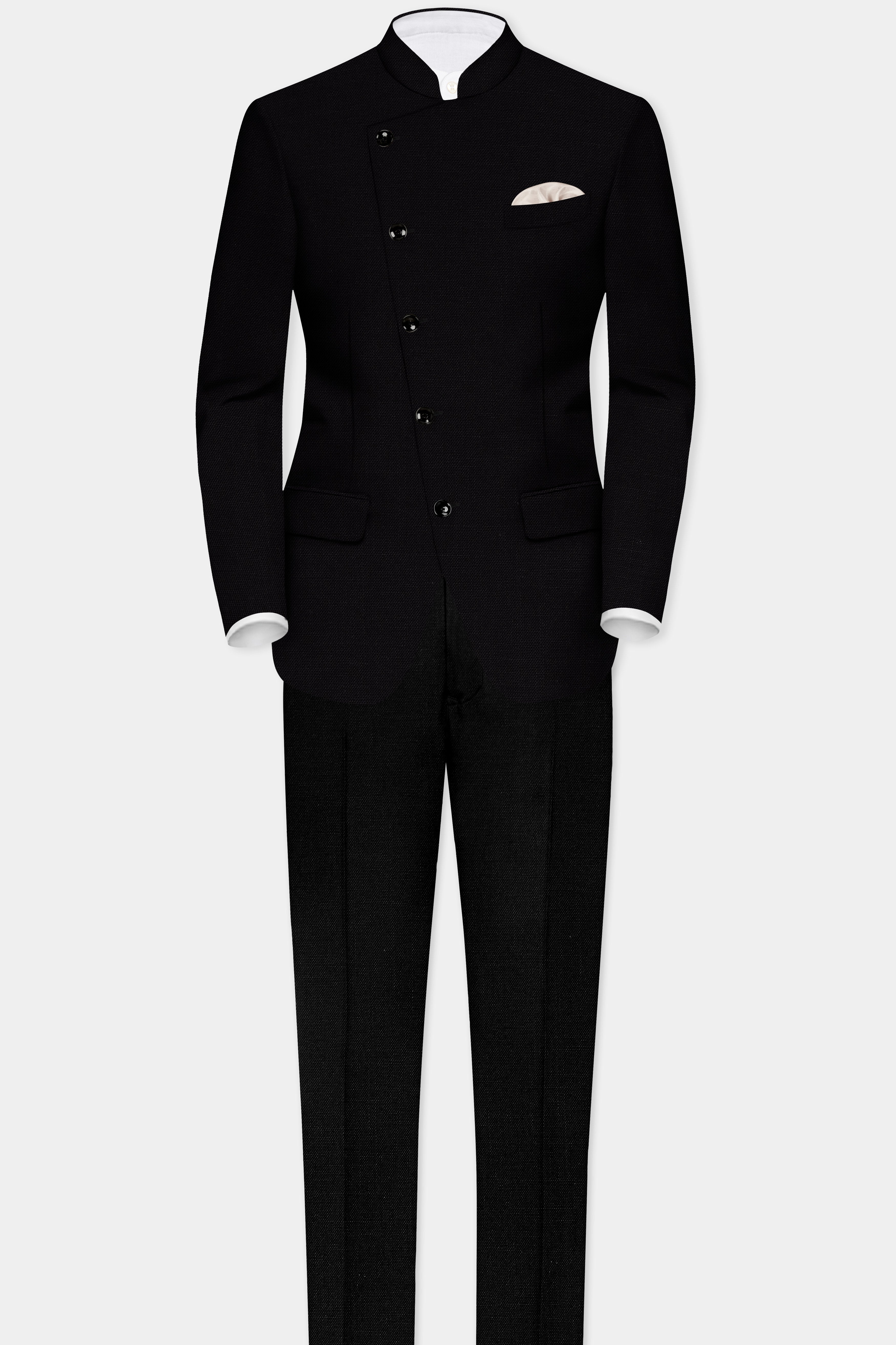 Jade Black Solid Wool Rich Cross Placket Bandhgala Luxurious Linen Suit