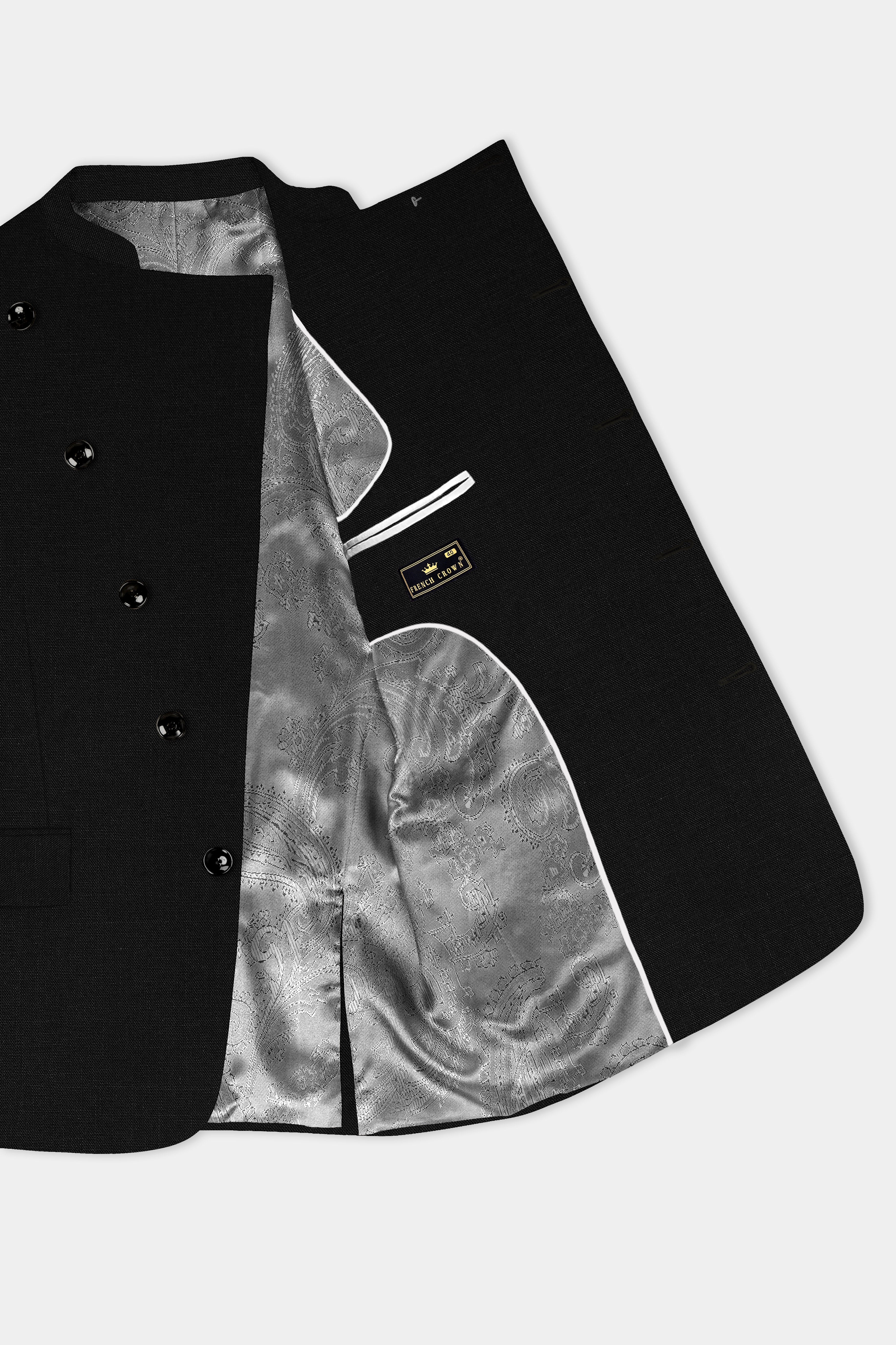 Jade Black Solid Wool Rich Cross Placket Bandhgala Luxurious Linen Suit