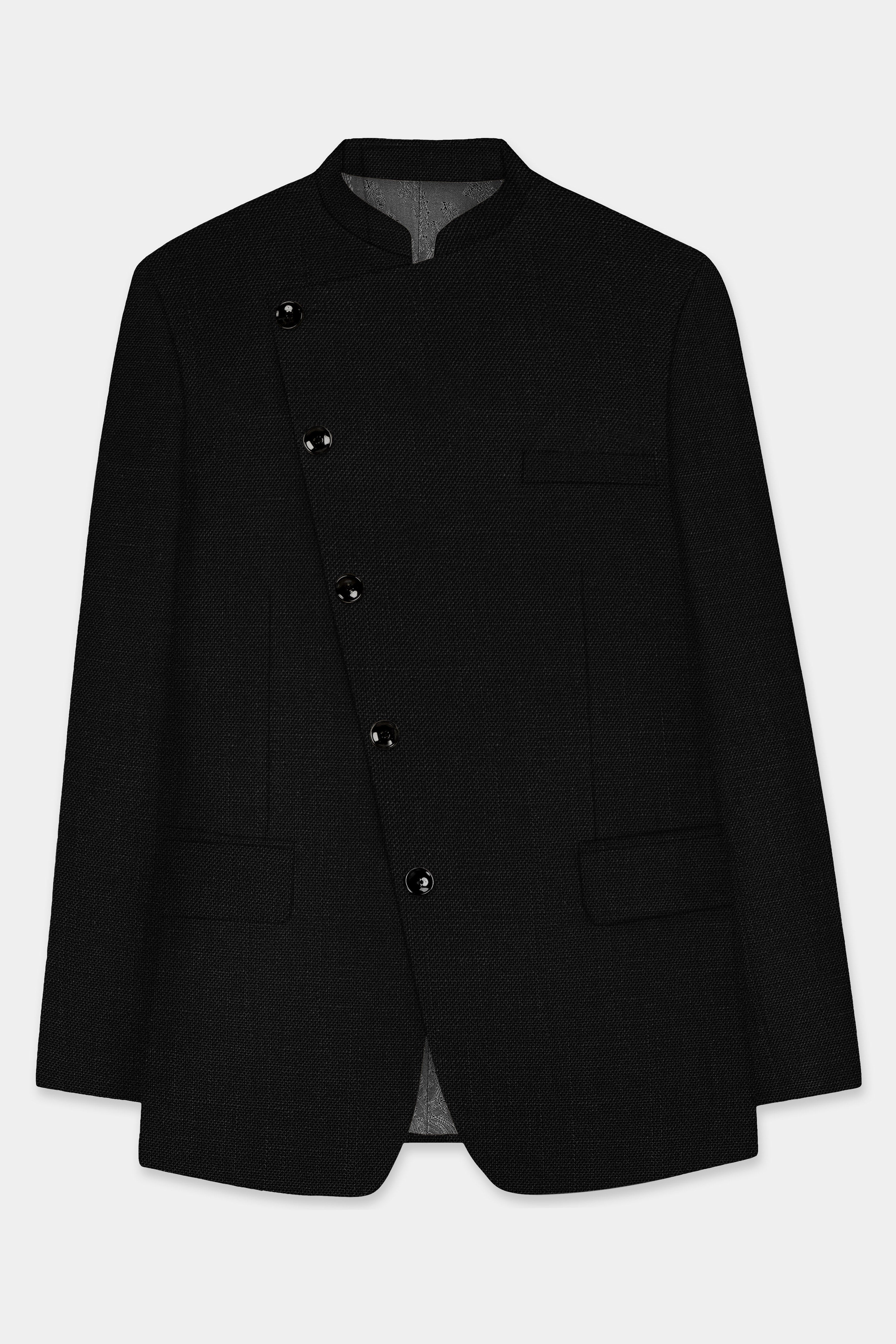 Jade Black Solid Wool Rich Cross Placket Bandhgala Luxurious Linen Suit
