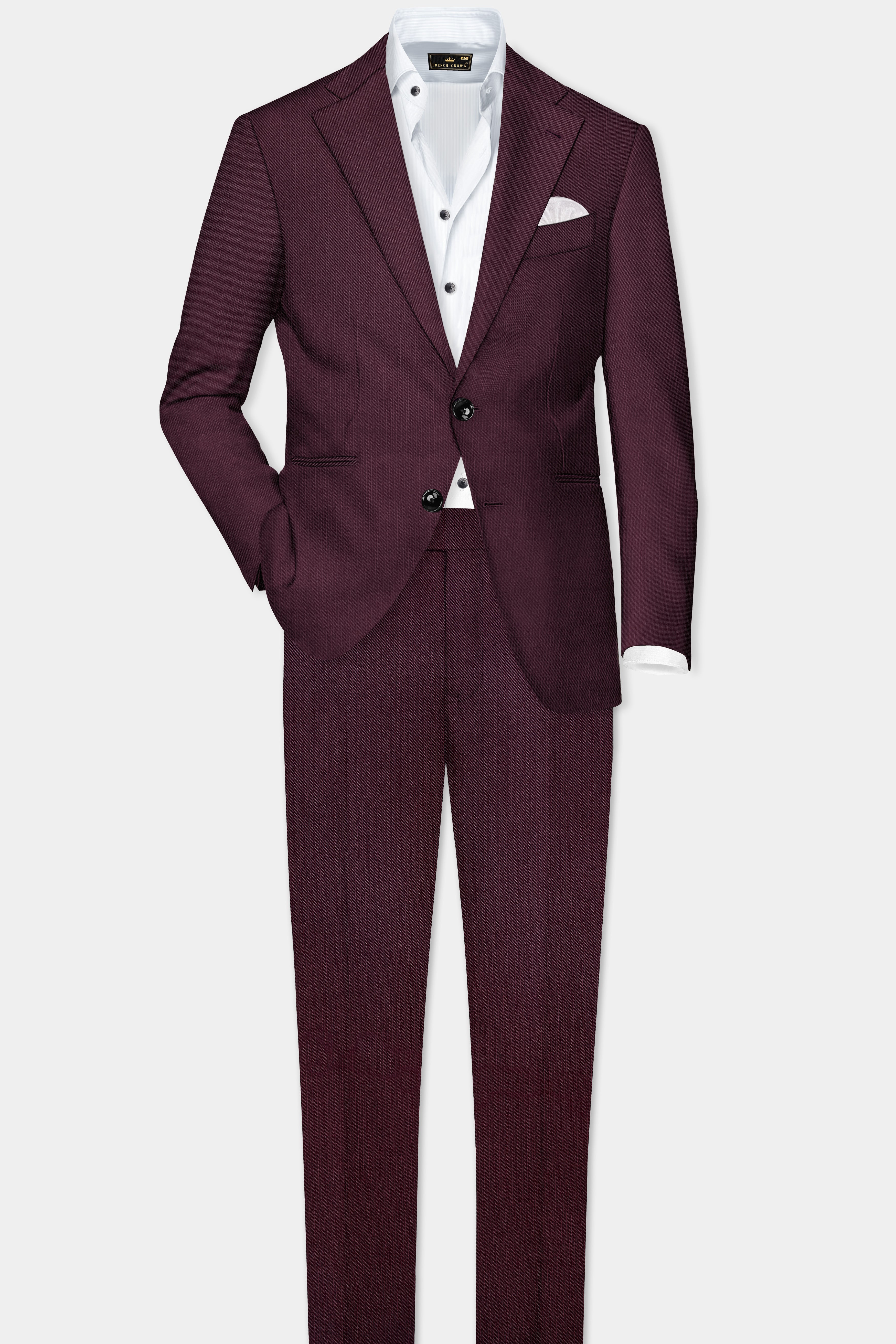 Merlot-Bistre Wine Maroon Solid Wool Rich Single Breasted Slight Stretch Suit