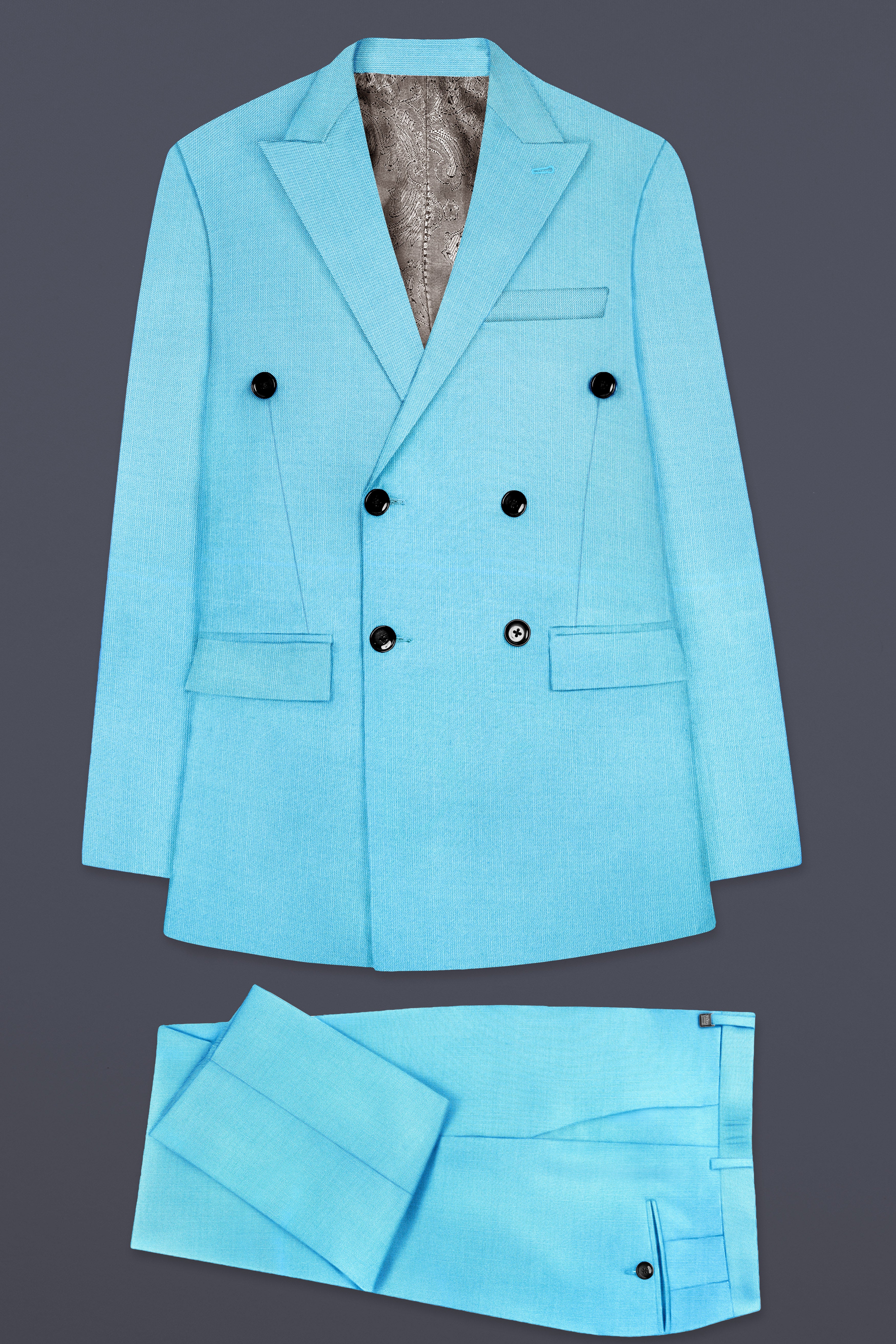 Iceland-Aquamarine Blue Solid Wool Rich Double Breasted Stretchable traveler Suit