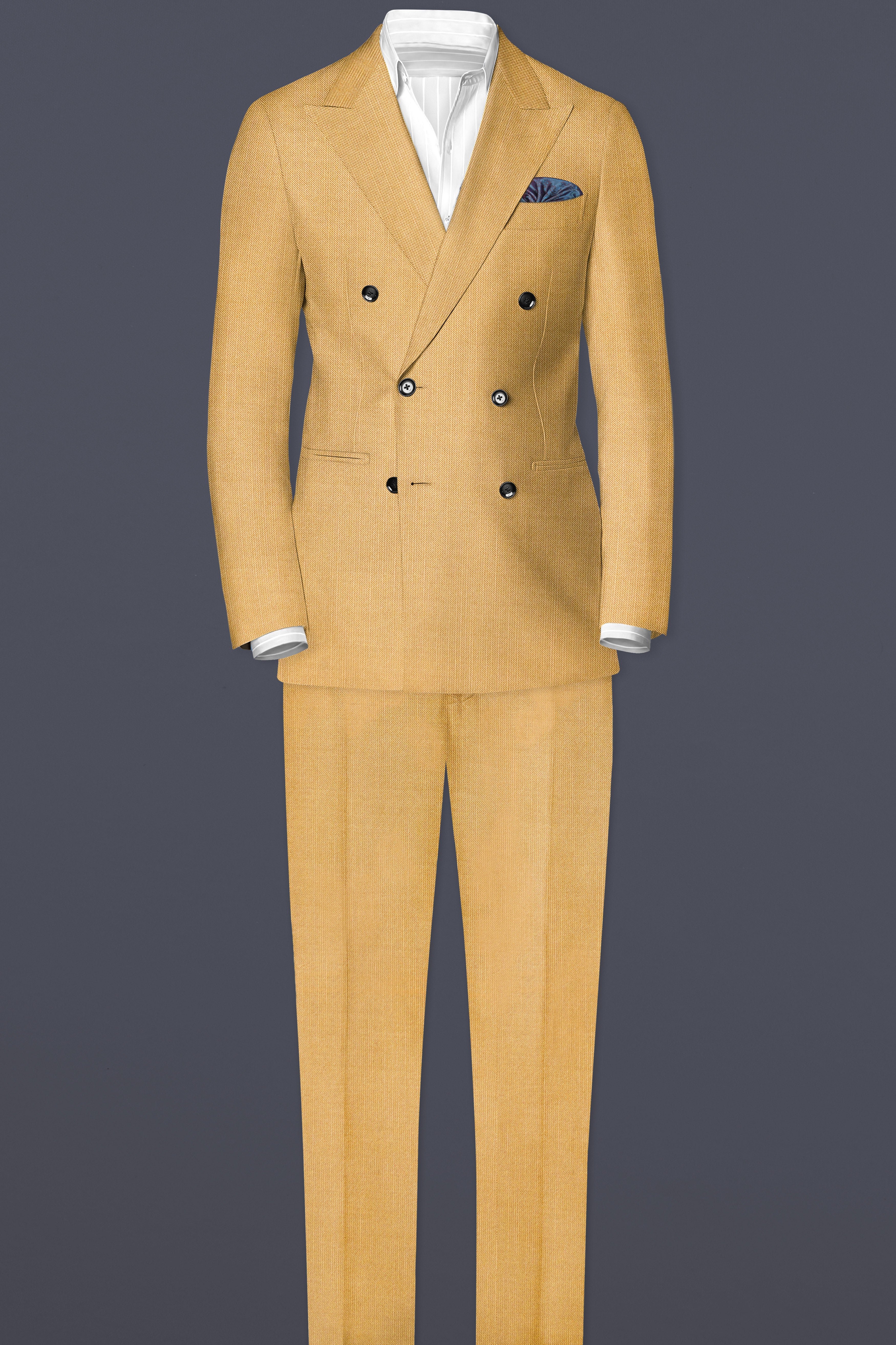Marula-Desert Yellow Solid Wool Rich Double Breasted Slight Stretch Suit