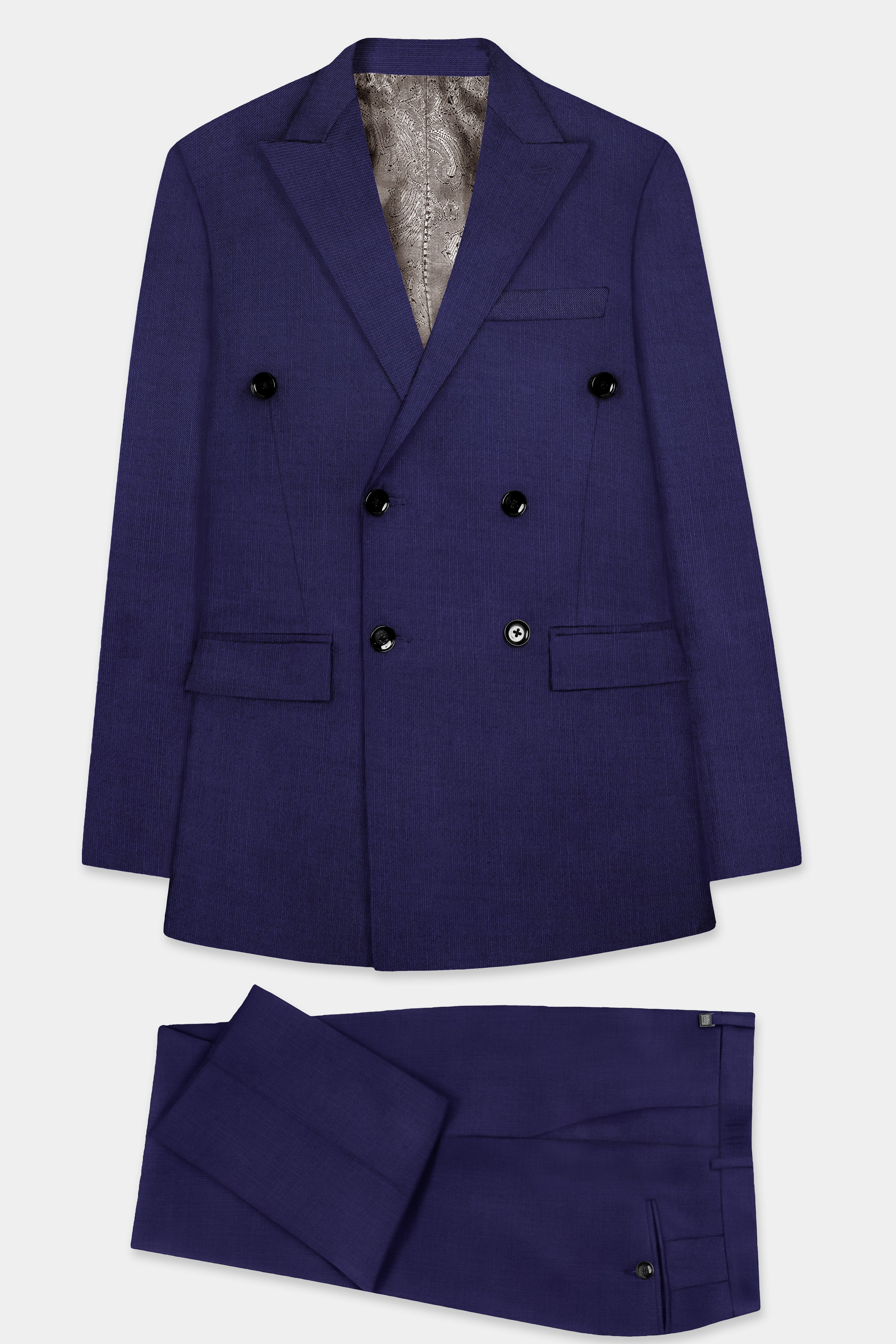 Triton-Martinique Blue Solid Wool Rich Double Breasted Stretchable traveler Suit