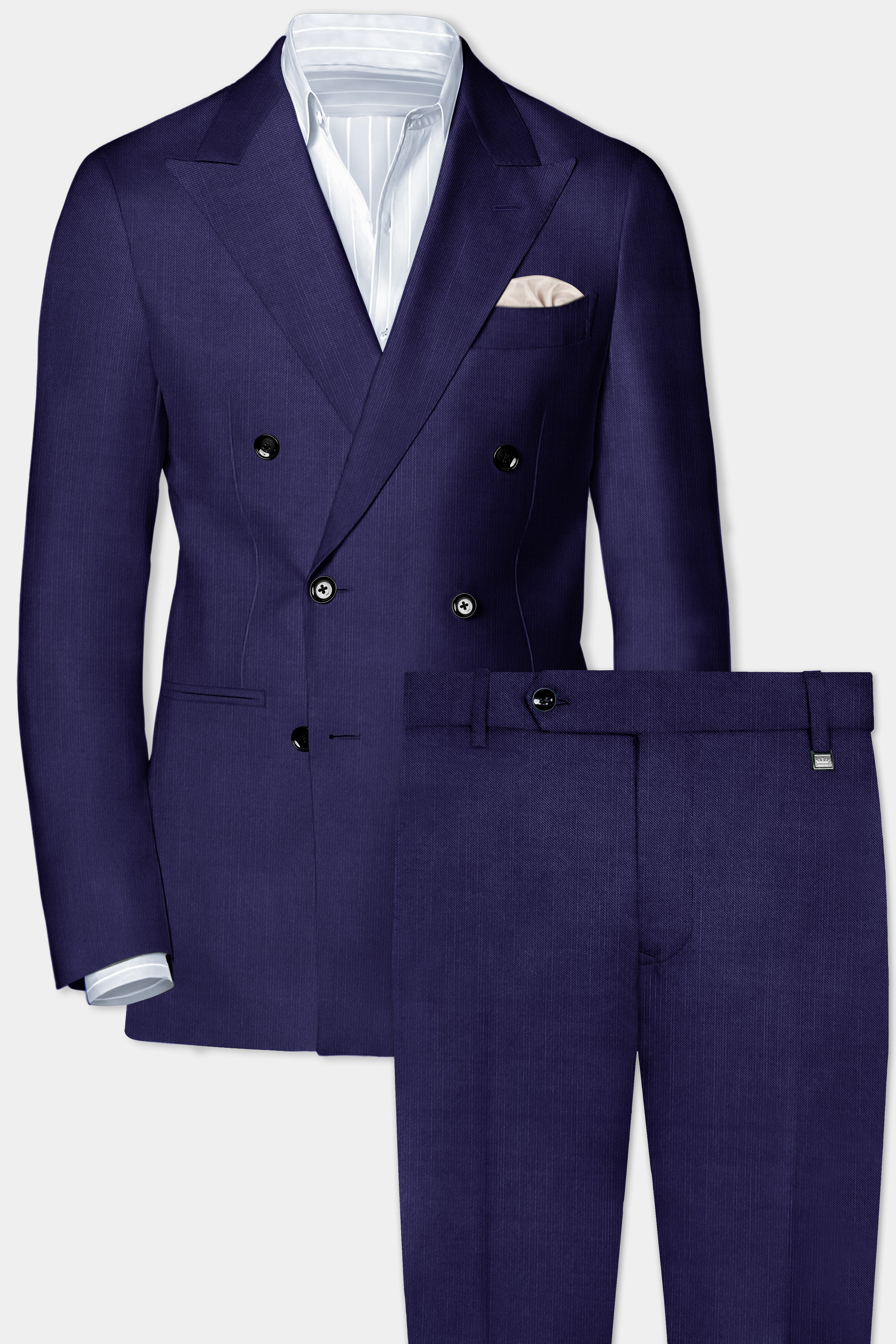 Triton-Martinique Blue Solid Wool Rich Double Breasted Stretchable traveler Suit