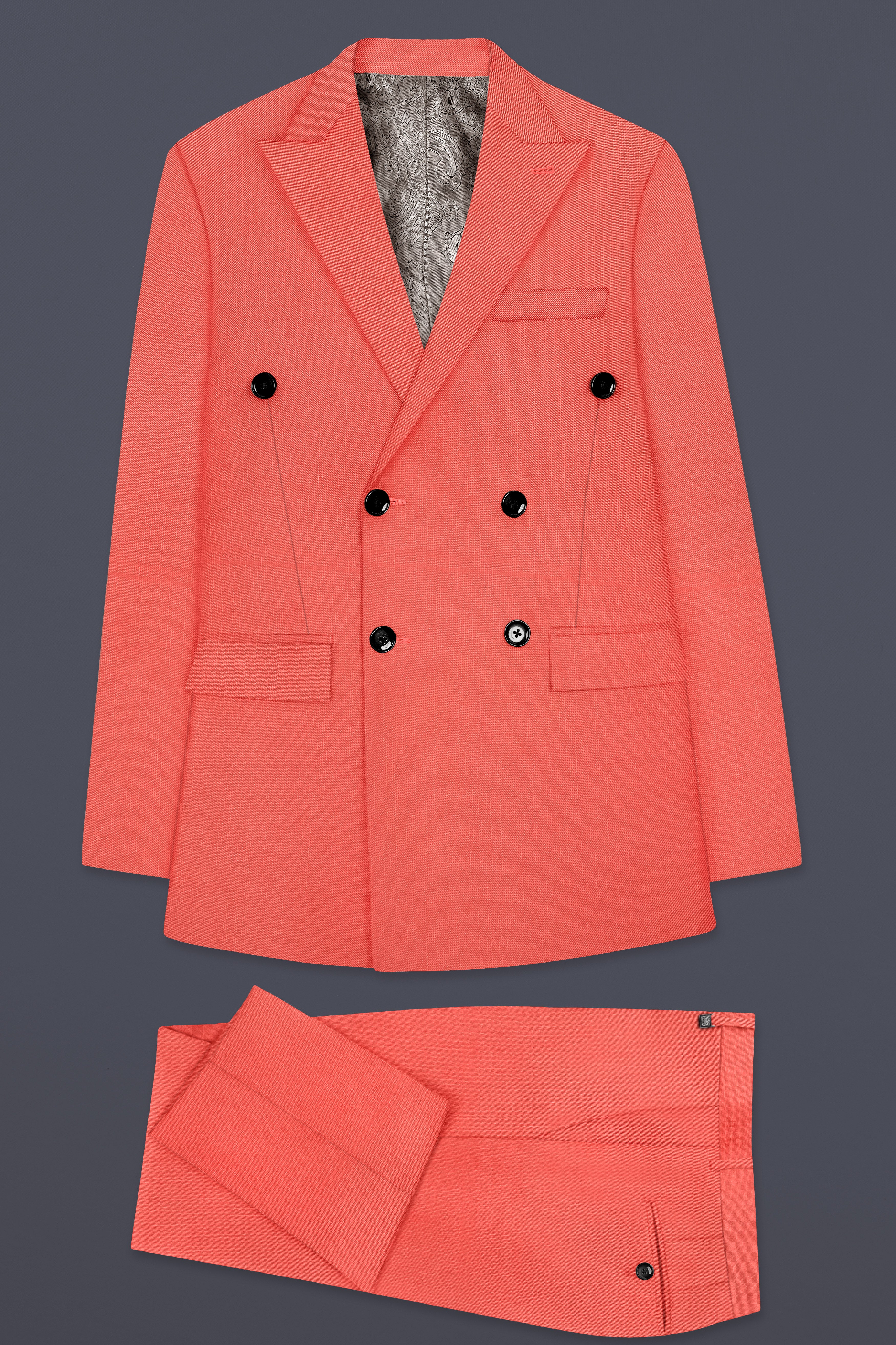 Aurora-Salmon Orange Solid Wool Rich Double Breasted Stretchable traveler Suit