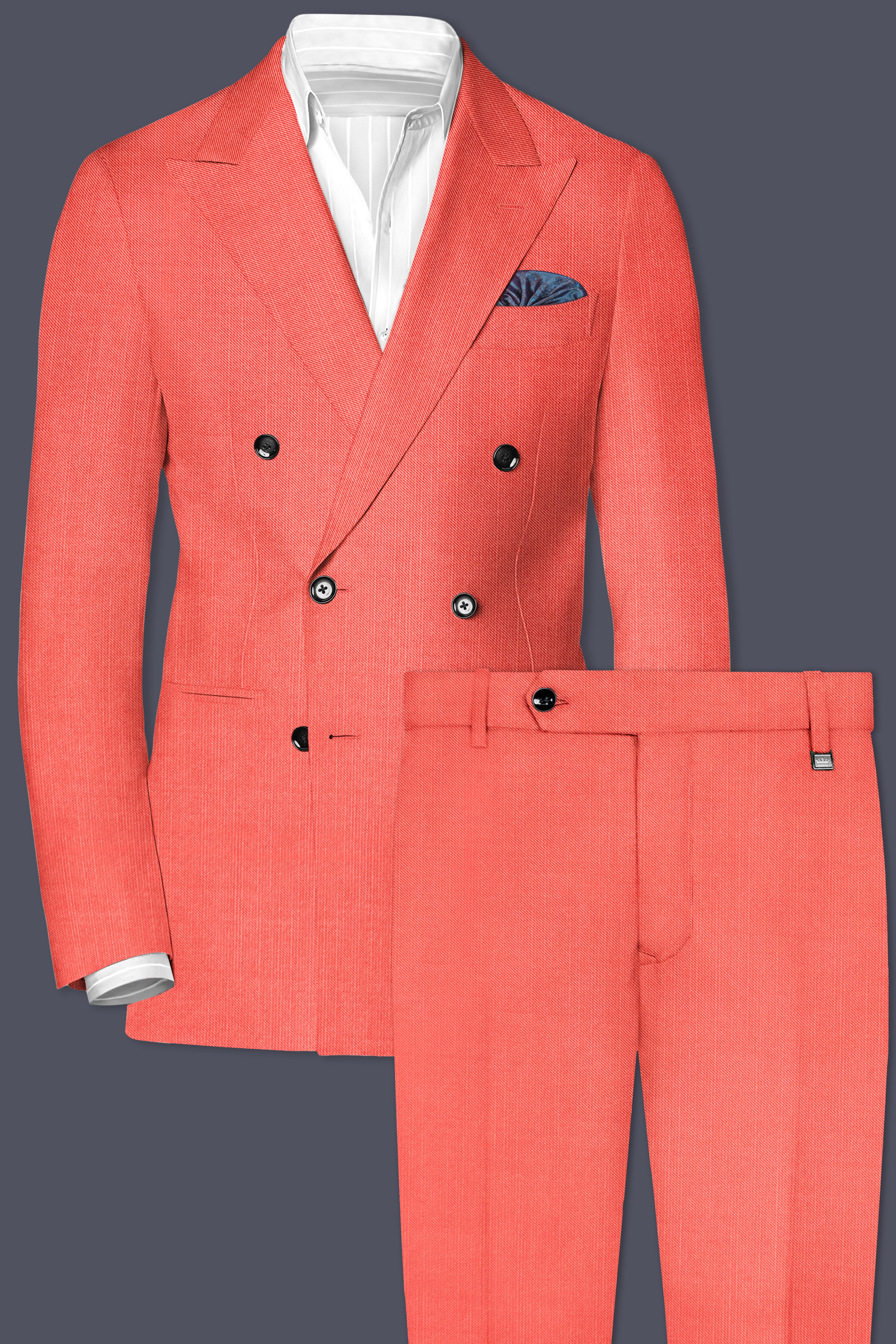 Aurora-Salmon Orange Solid Wool Rich Double Breasted Stretchable traveler Suit