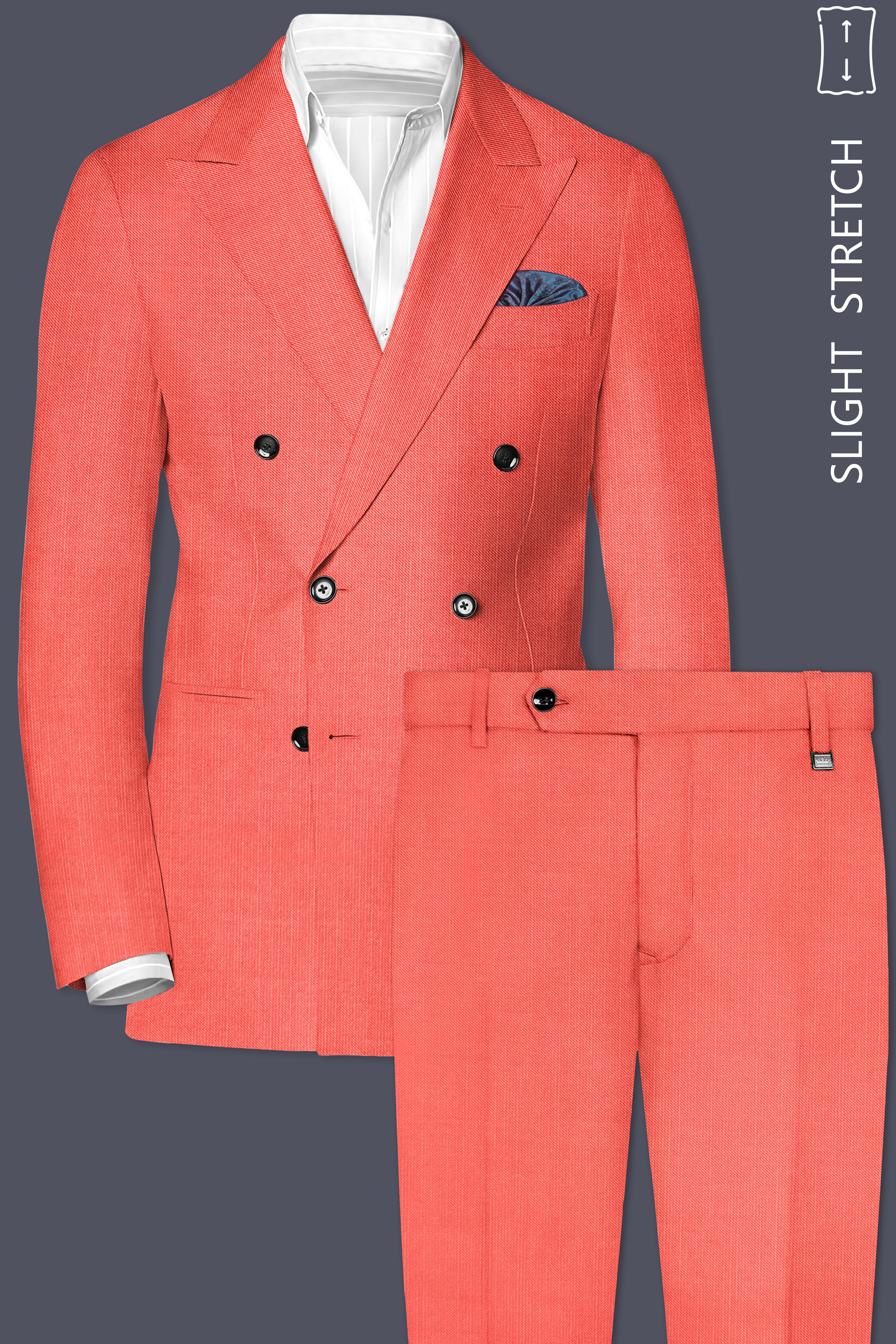 Aurora-Salmon Orange Solid Wool Rich Double Breasted Slight Stretch Suit