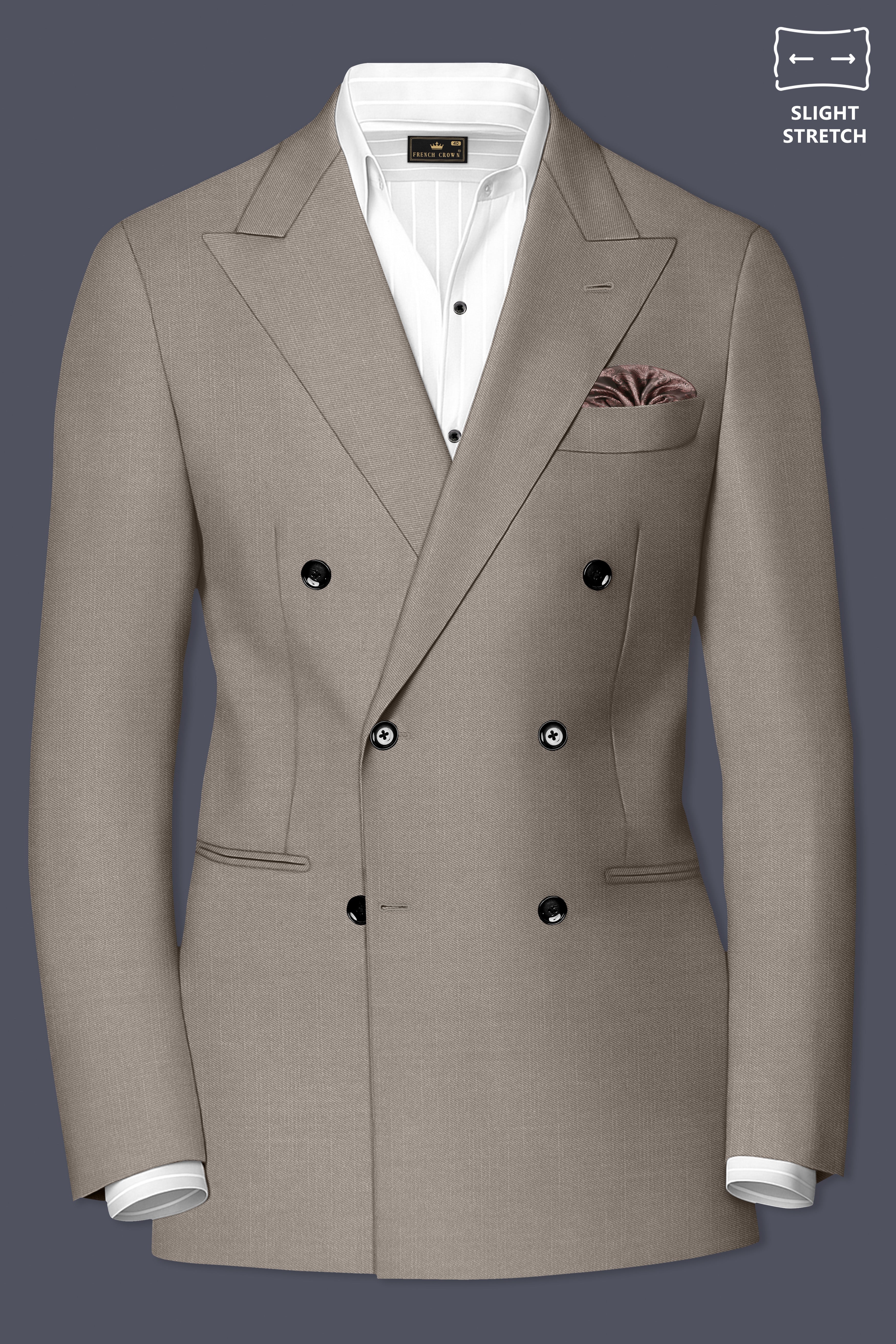 Amour-Dusty Brown Solid Wool Rich Double Breasted Slight Stretch Suit