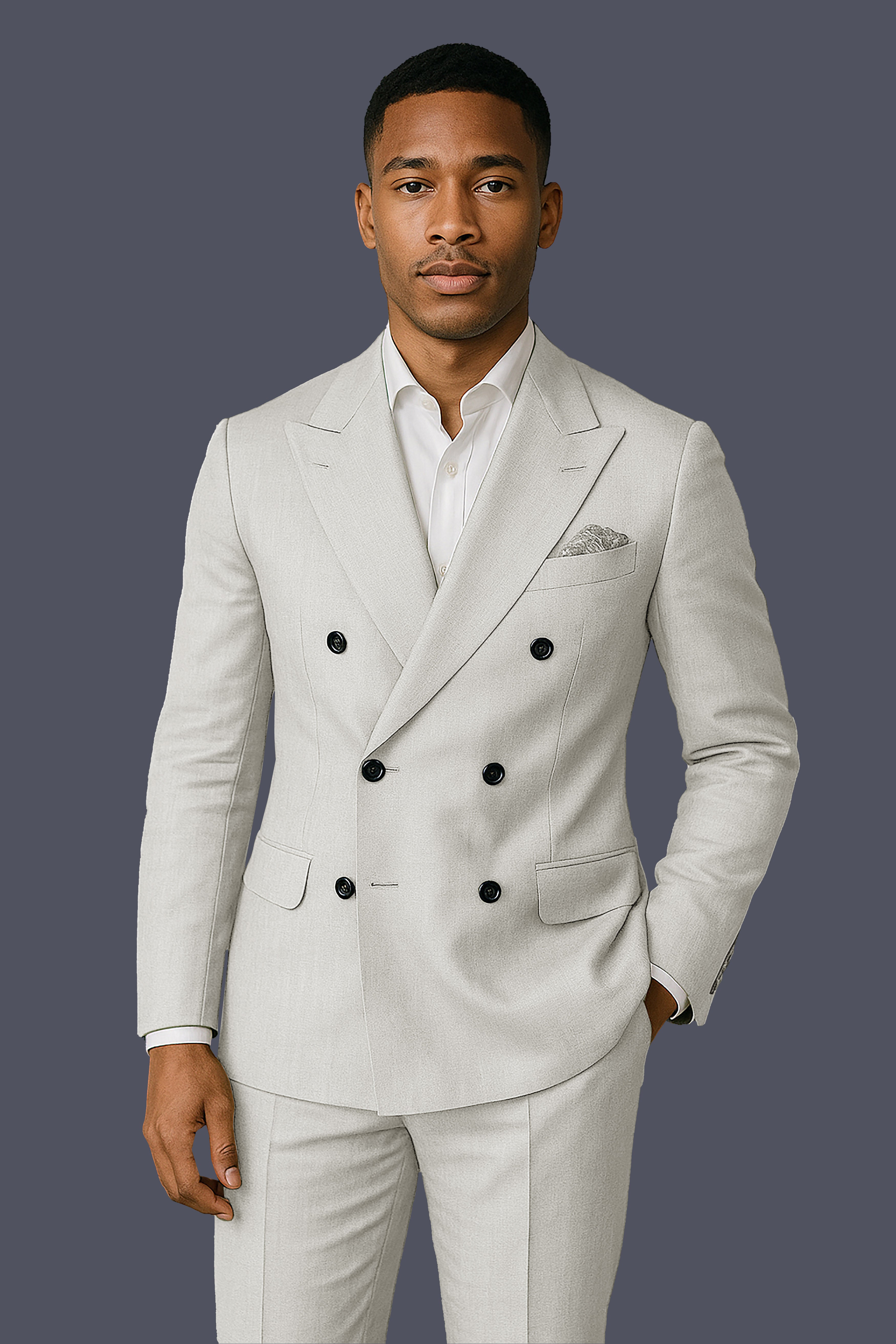 Mist-Swirl Gray Solid Wool Rich Double Breasted Slight Stretch Suit