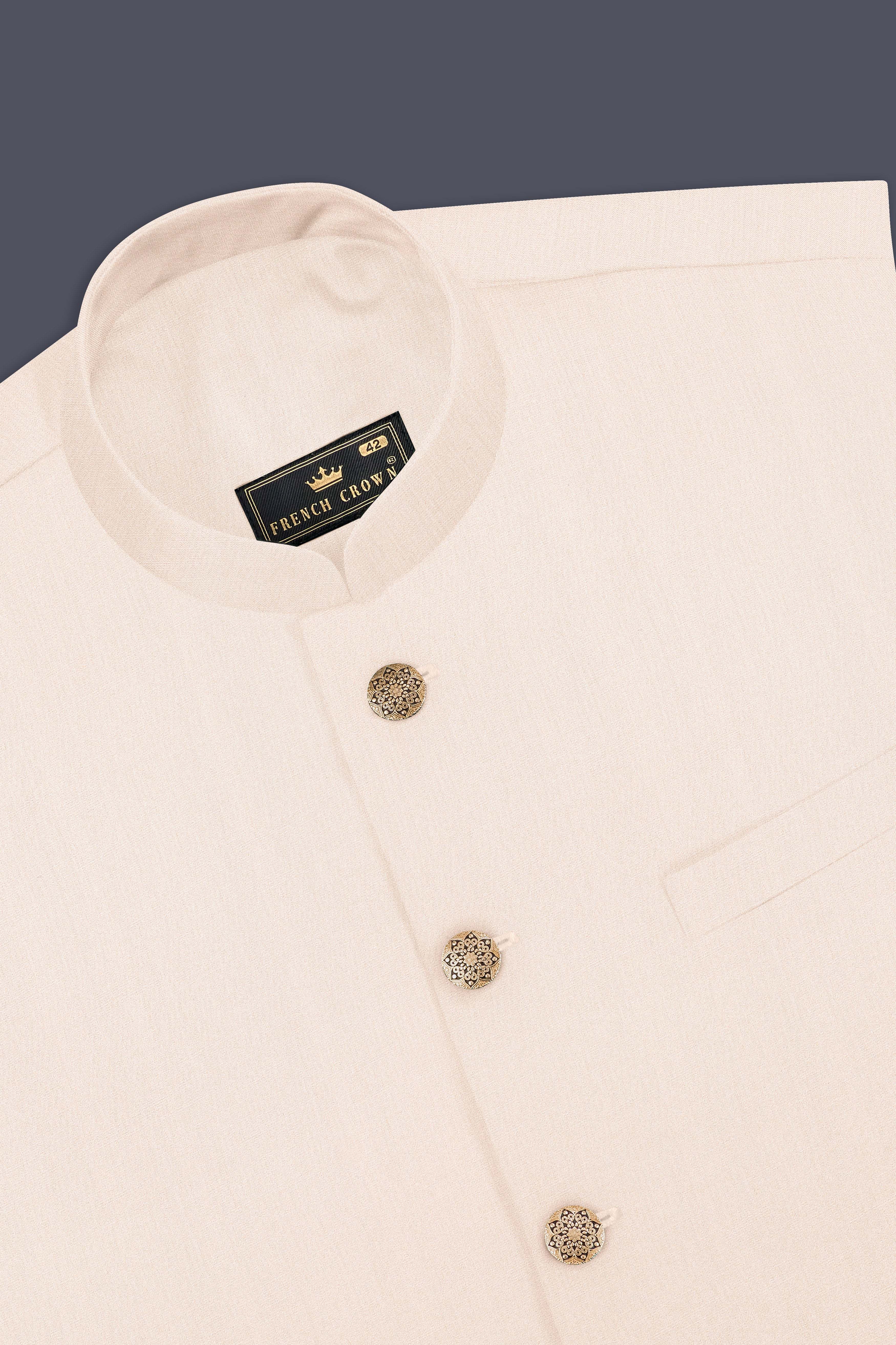 Spanish Cream Solid Wool Blend Cross Placket Bandhgala Suit