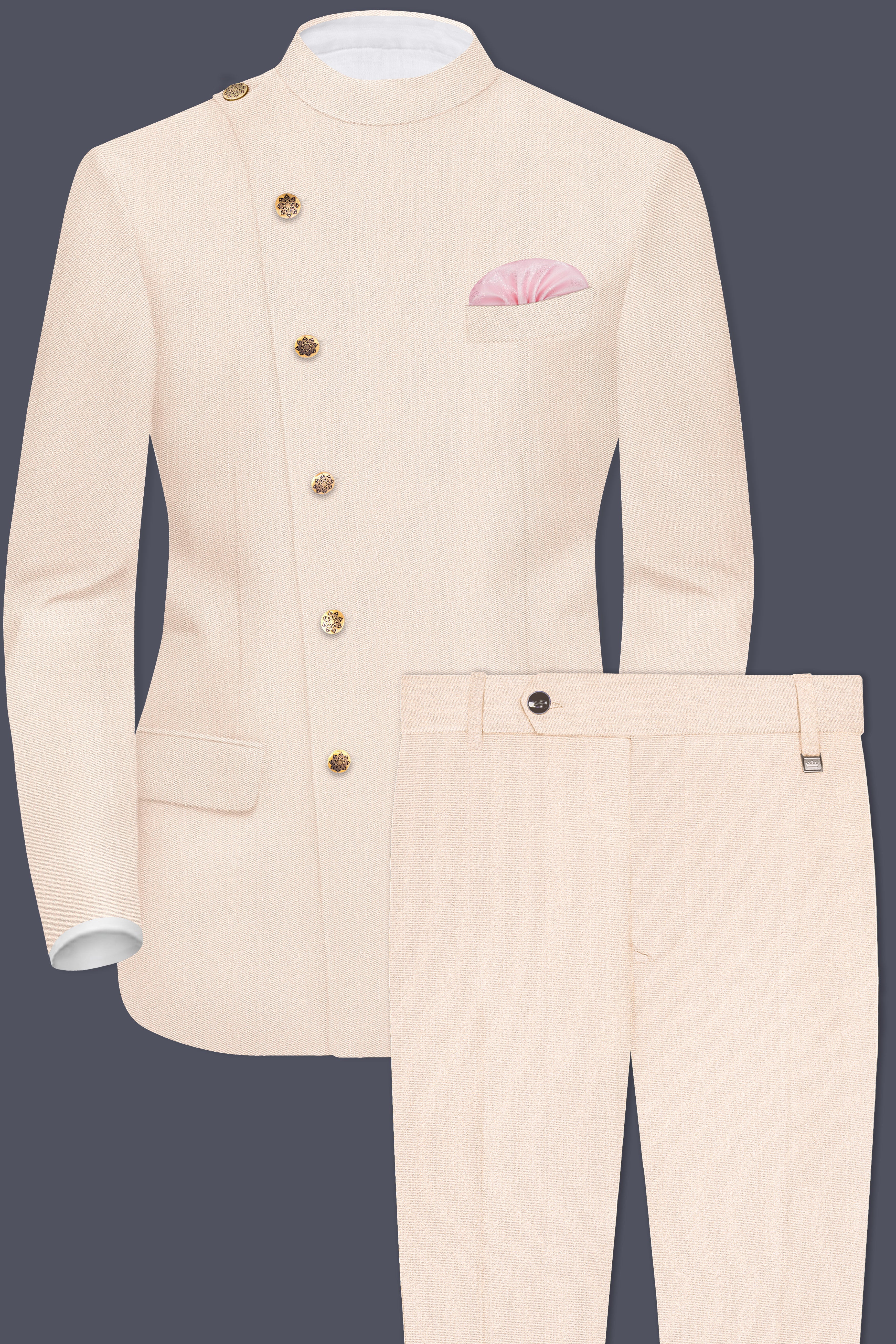 Spanish Cream Solid Wool Blend Cross Placket Bandhgala Suit