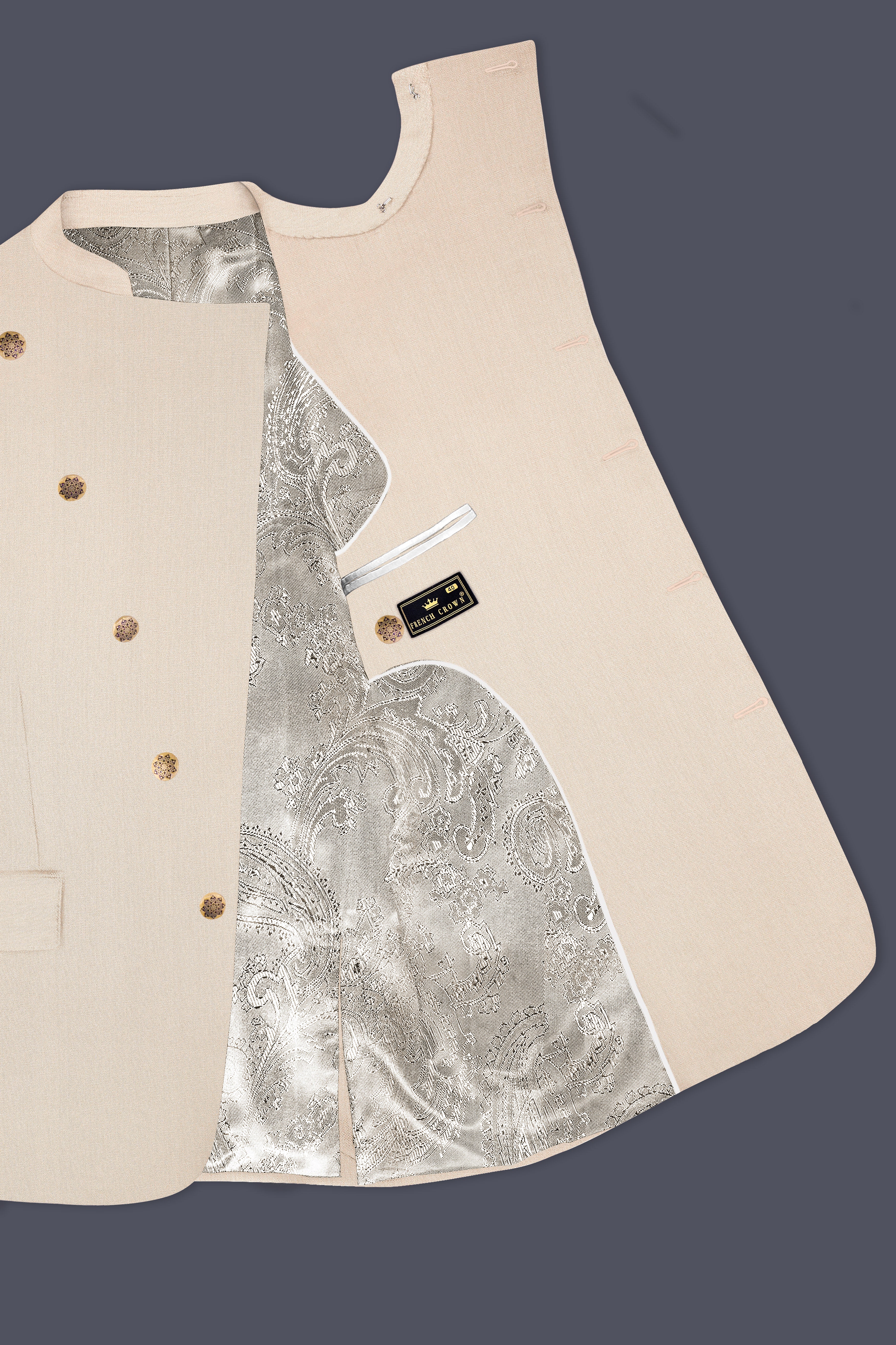 Spanish Cream Solid Wool Blend Cross Placket Bandhgala Suit