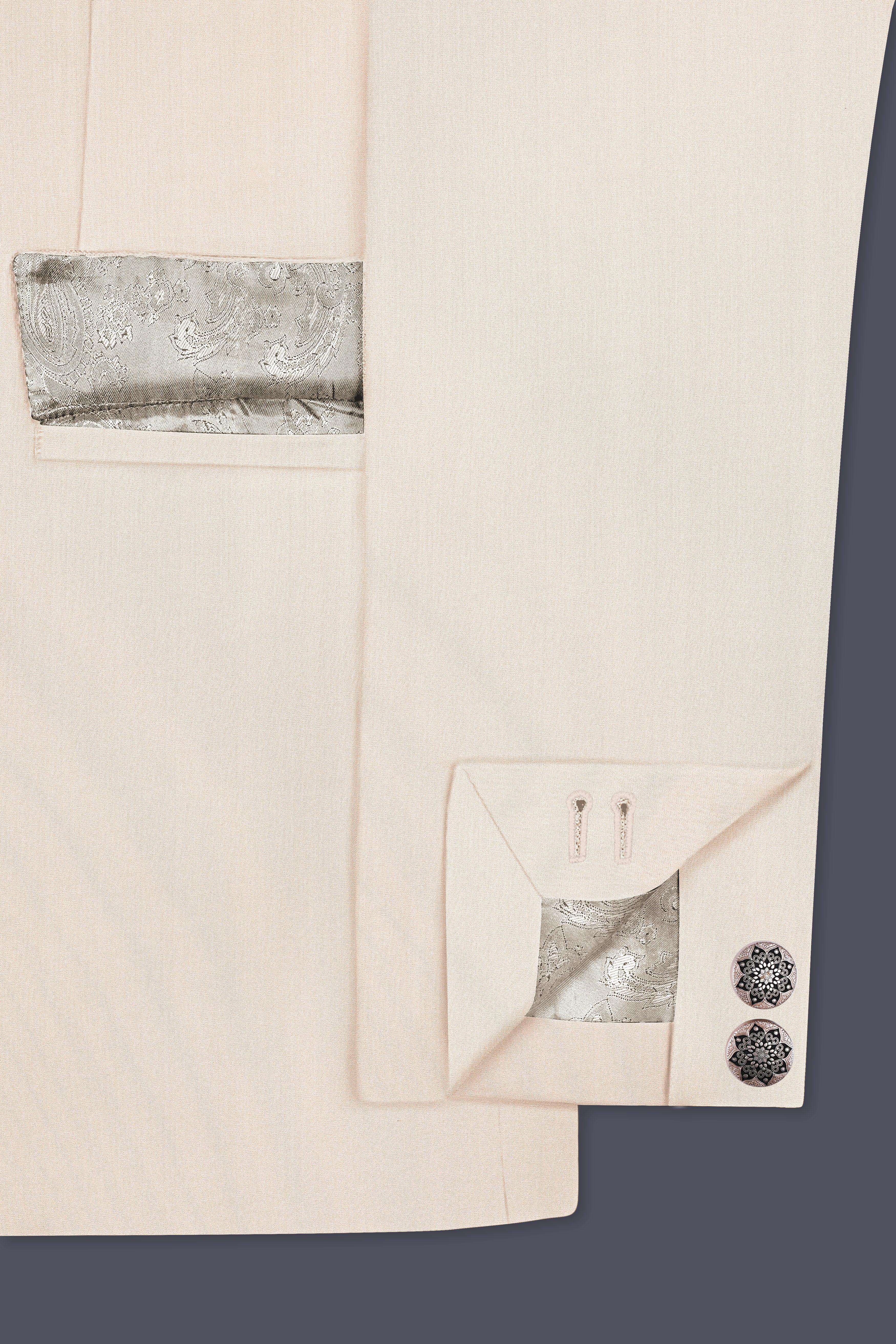 Spanish Cream Solid Wool Blend Cross Placket Bandhgala Suit