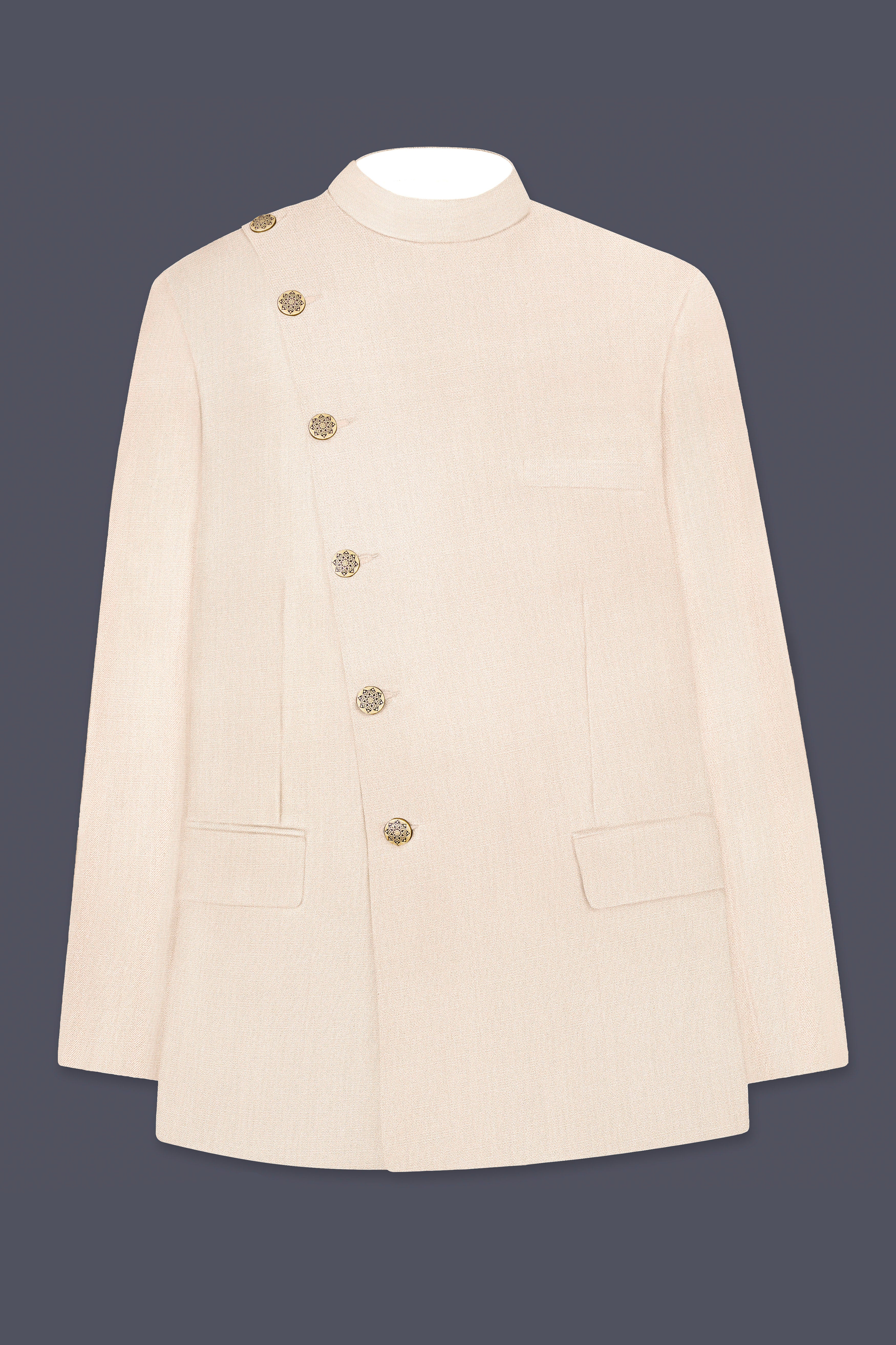 Spanish Cream Solid Wool Blend Cross Placket Bandhgala Suit