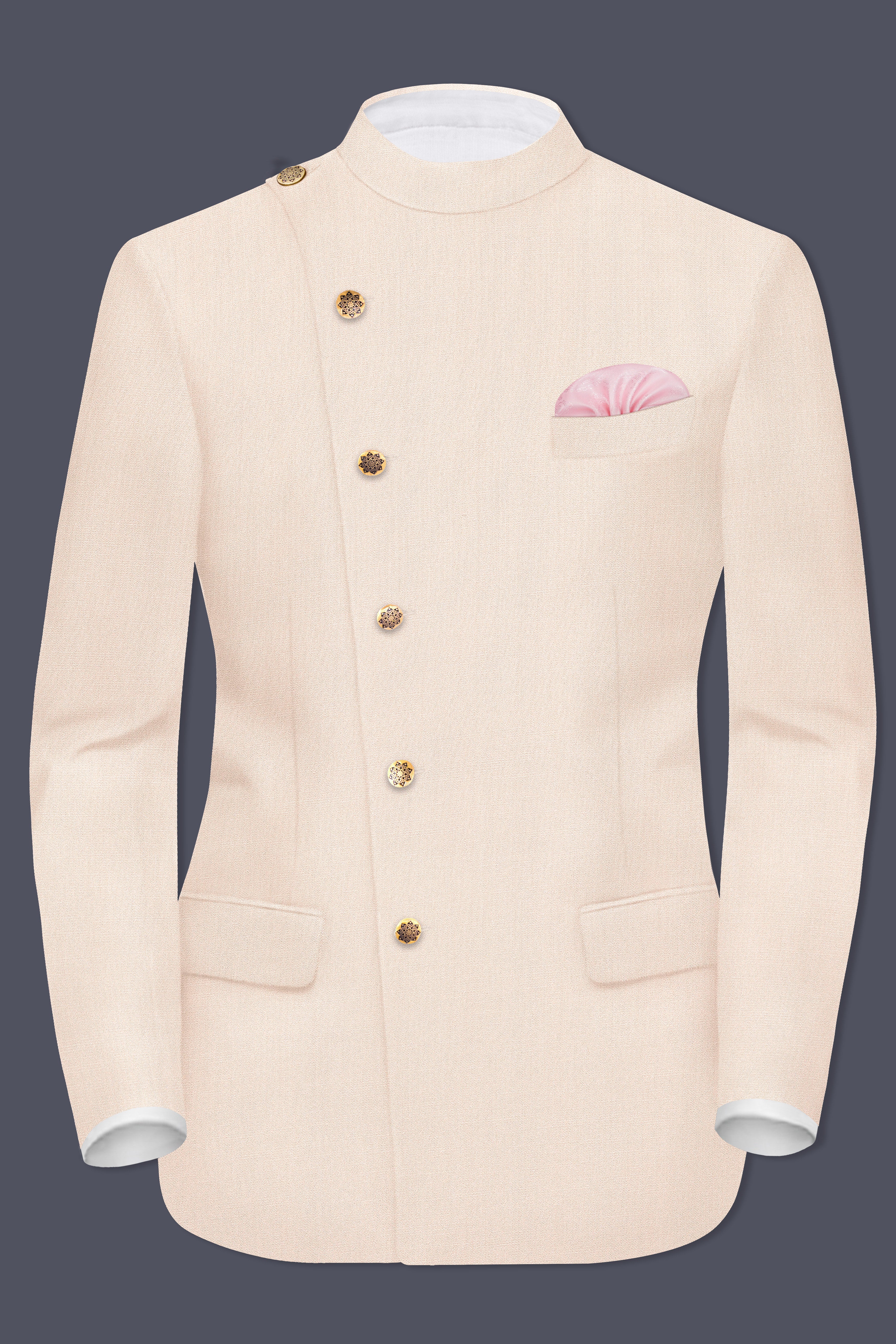Spanish Cream Solid Wool Blend Cross Placket Bandhgala Suit